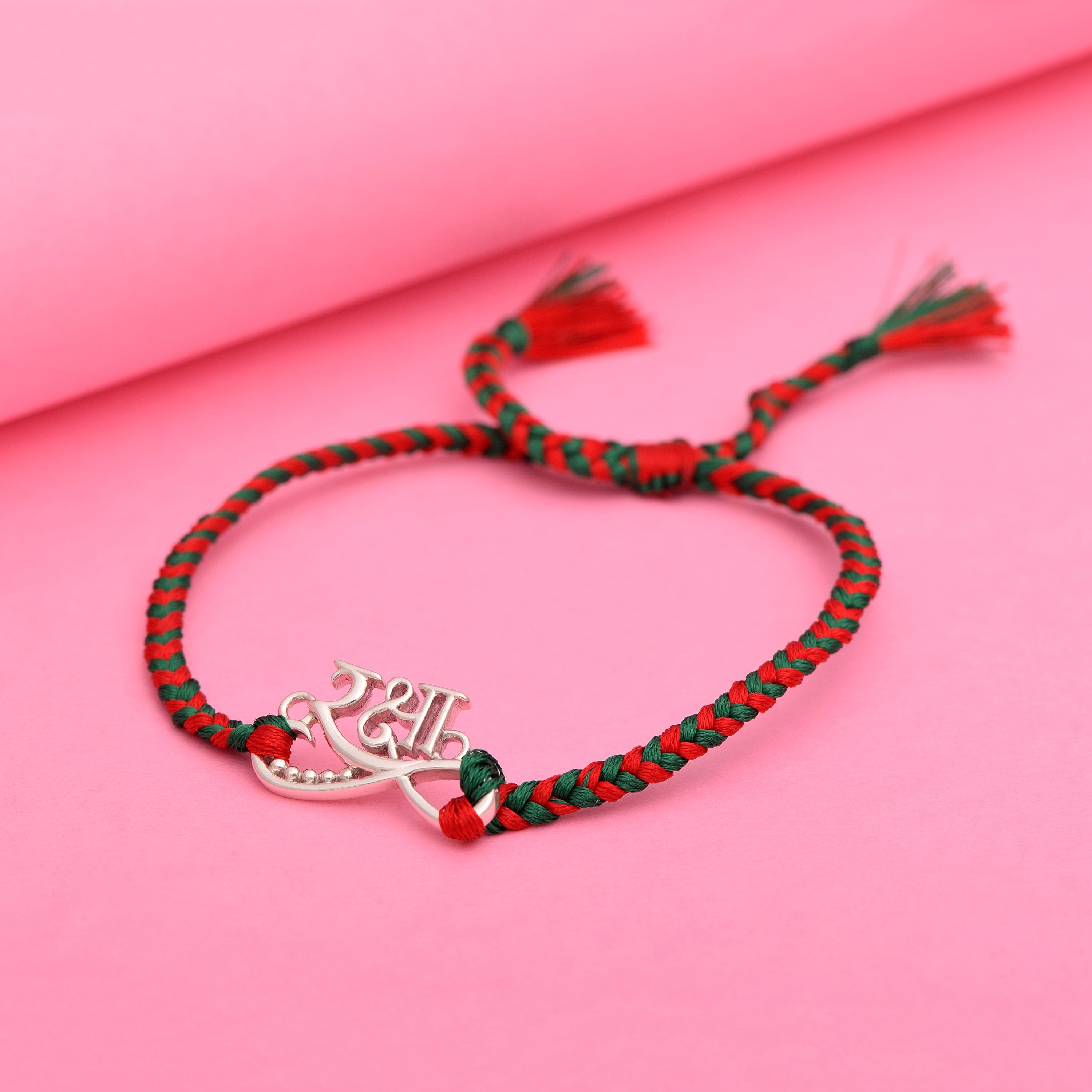 Raksha Red & Green Thread Rakhi Bracelet - Sterling Silver
