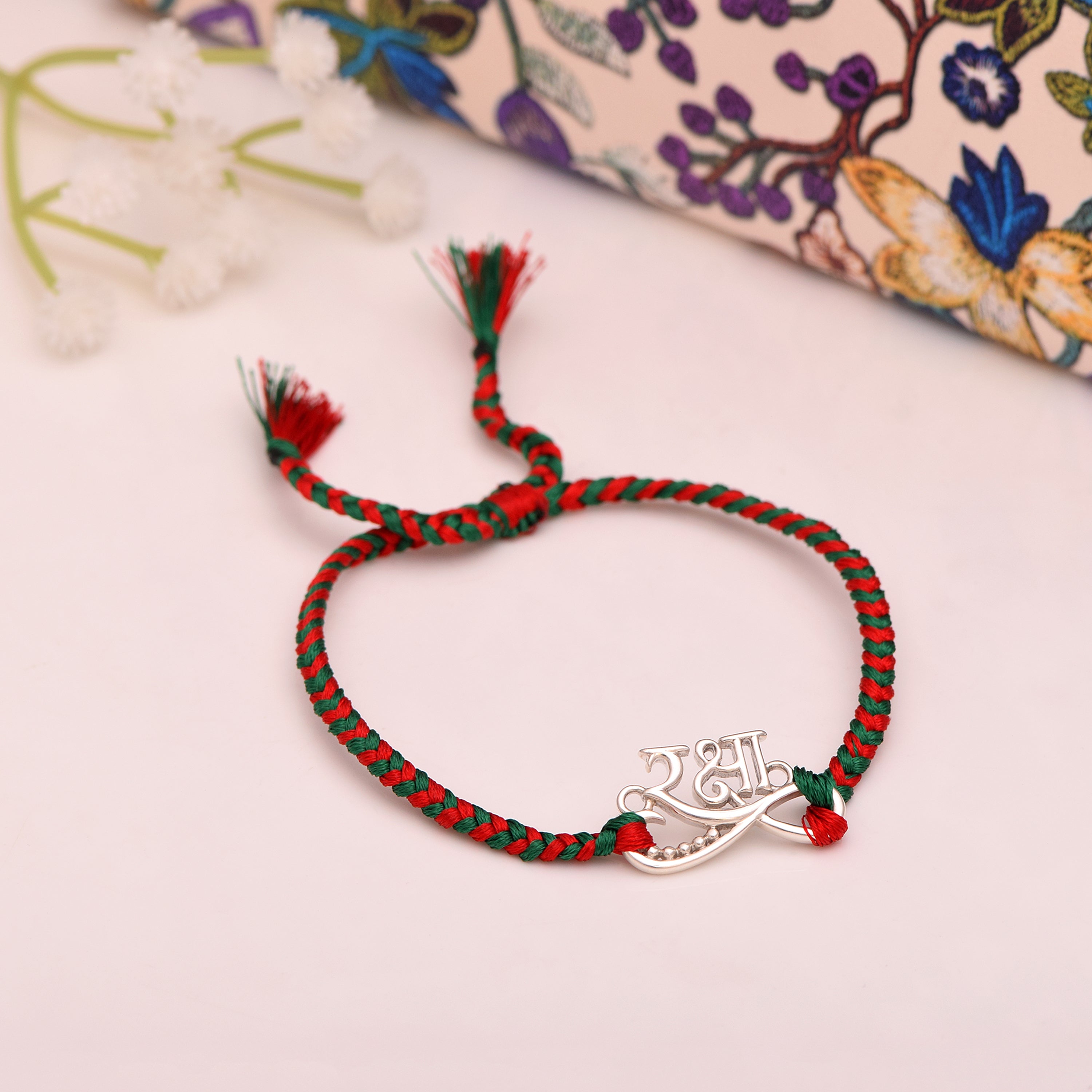 Raksha Red & Green Thread Rakhi Bracelet - Sterling Silver