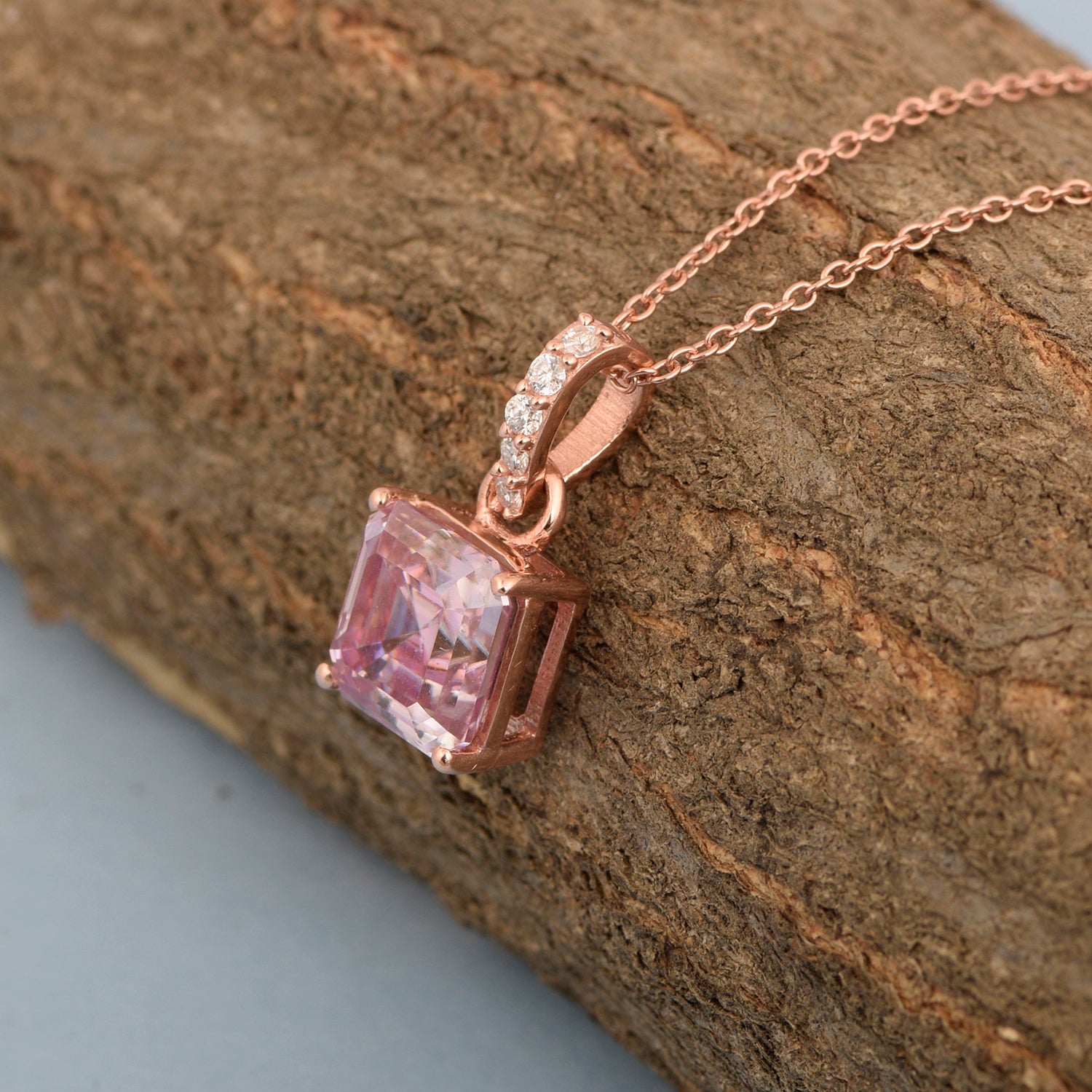 Princess Cut 7mm Pink Moissanite Solitaire Pendant Necklace