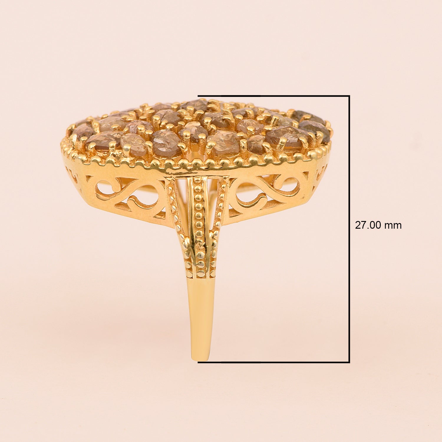 3.30 Ctw Rose Cut Champagne Diamond 925 Sterling Silver Octagon Shape Cluster Ring