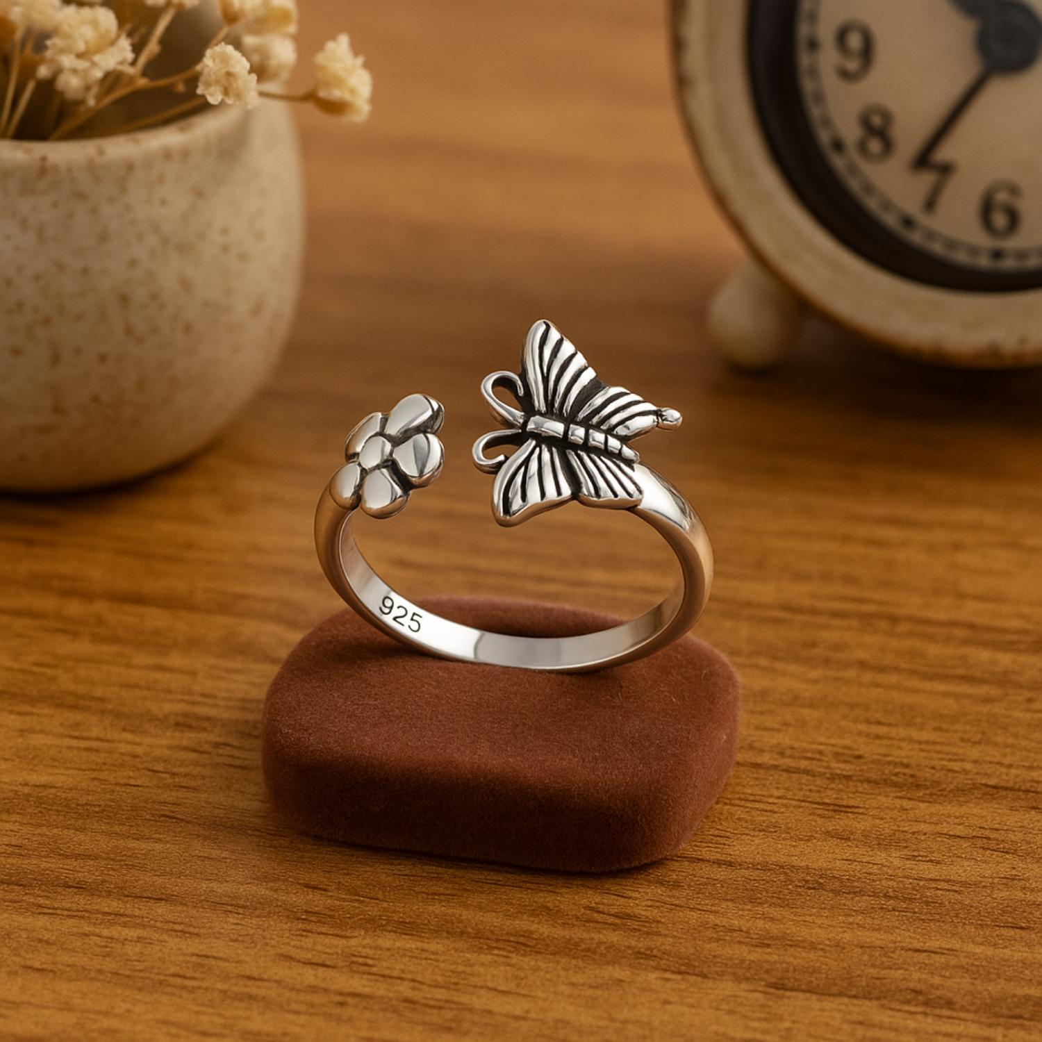 Butterfly and Flower Bypass Ring – Sterling Silver
