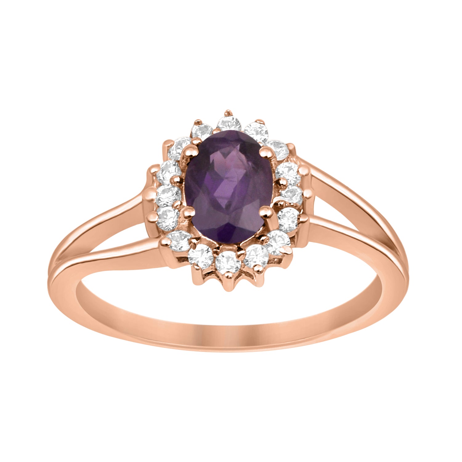 Amethyst Solitaire Halo Split Shank Ring -Sterling Silver
