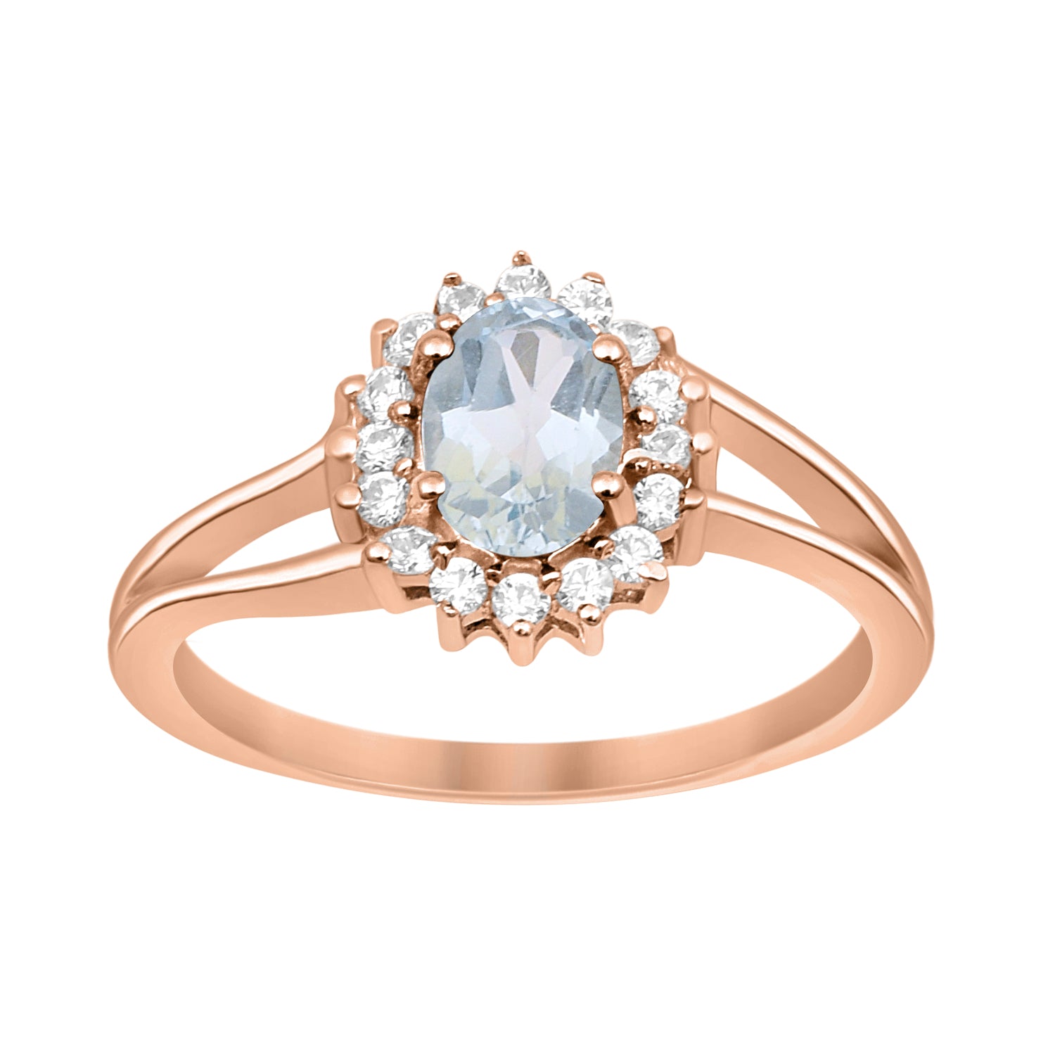 Aquamarine Solitaire Halo Split Shank Ring -Sterling Silver
