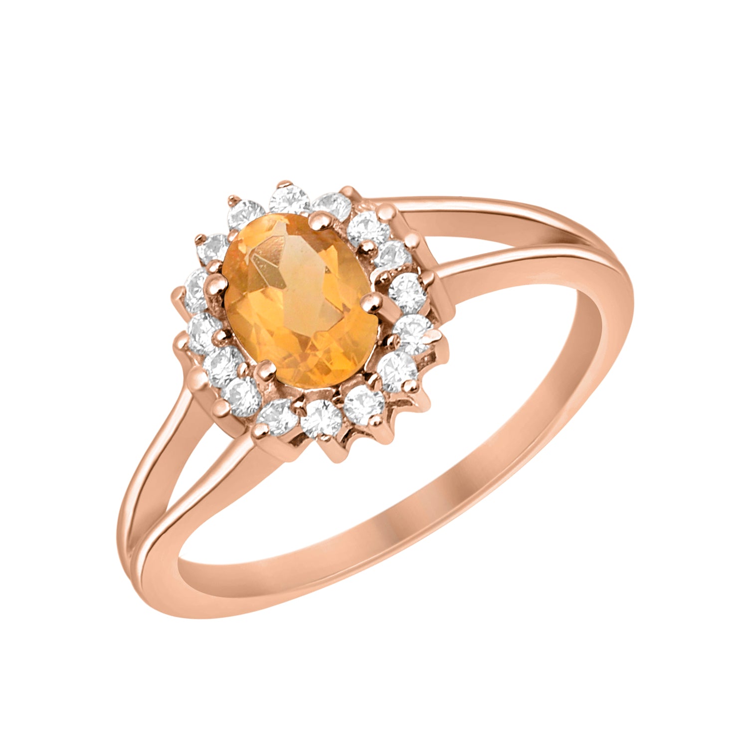 Citrine Solitaire Halo Split Shank Ring -Sterling Silver