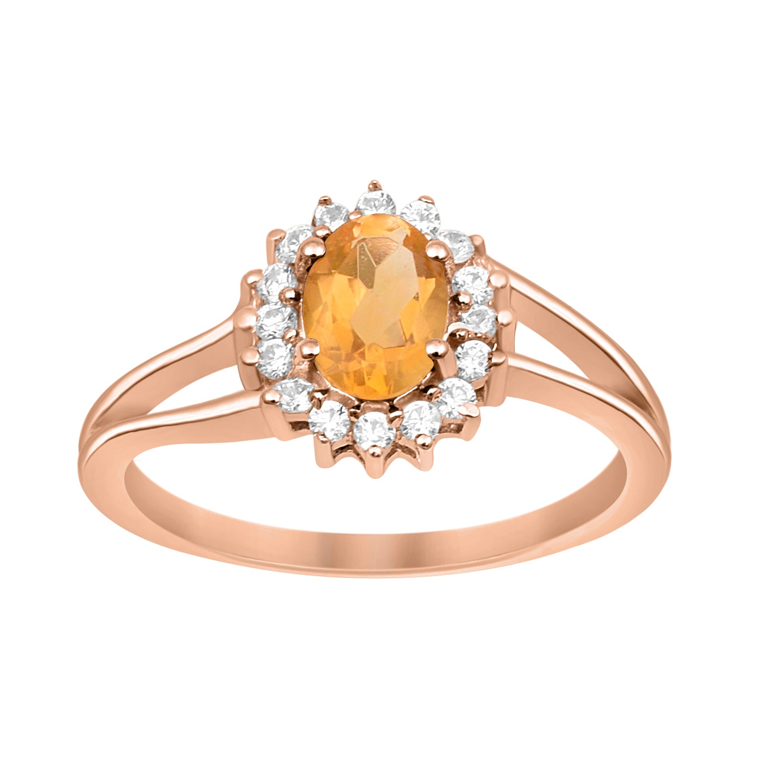 Citrine Solitaire Halo Split Shank Ring -Sterling Silver