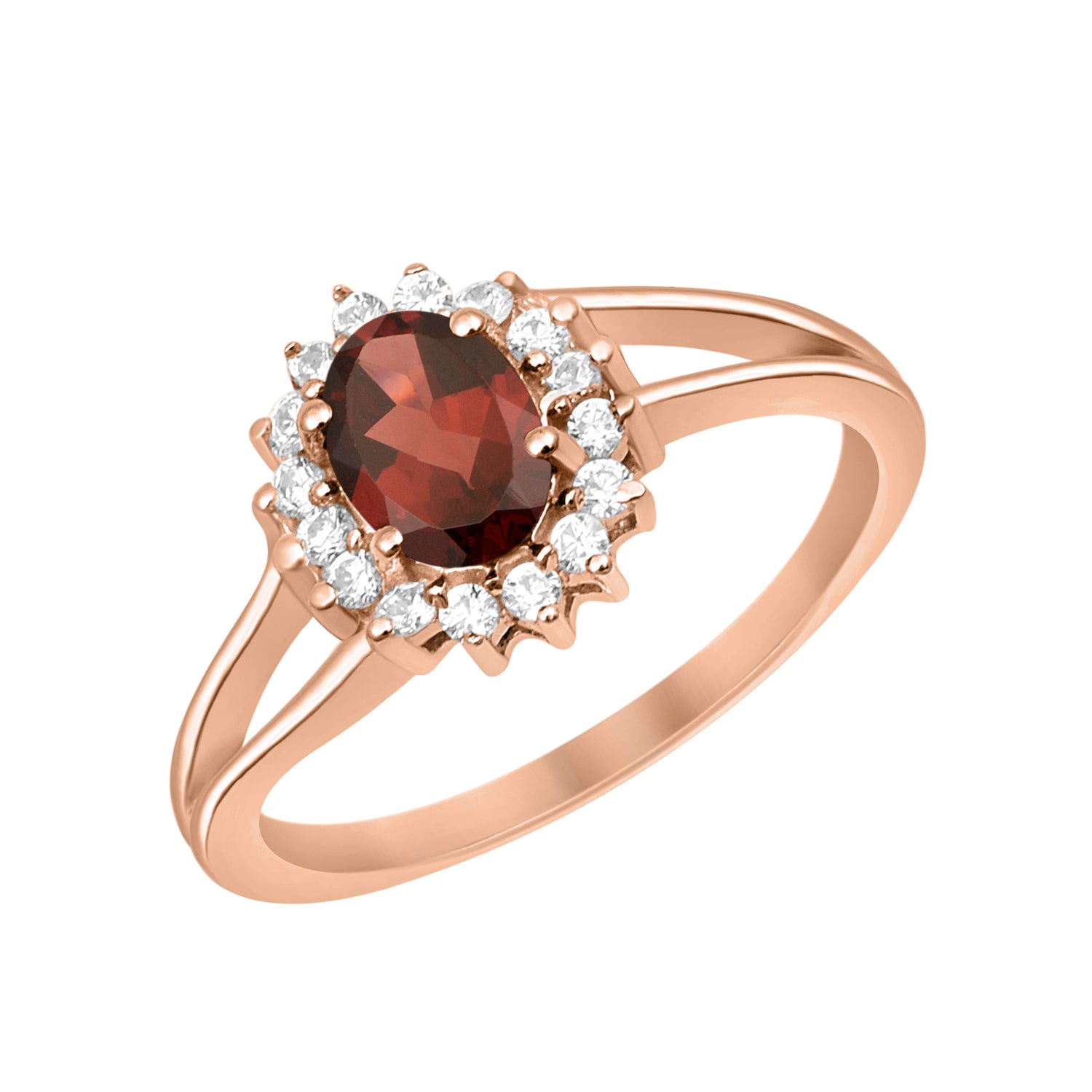 Garnet Solitaire Halo Split Shank Ring -Sterling Silver
