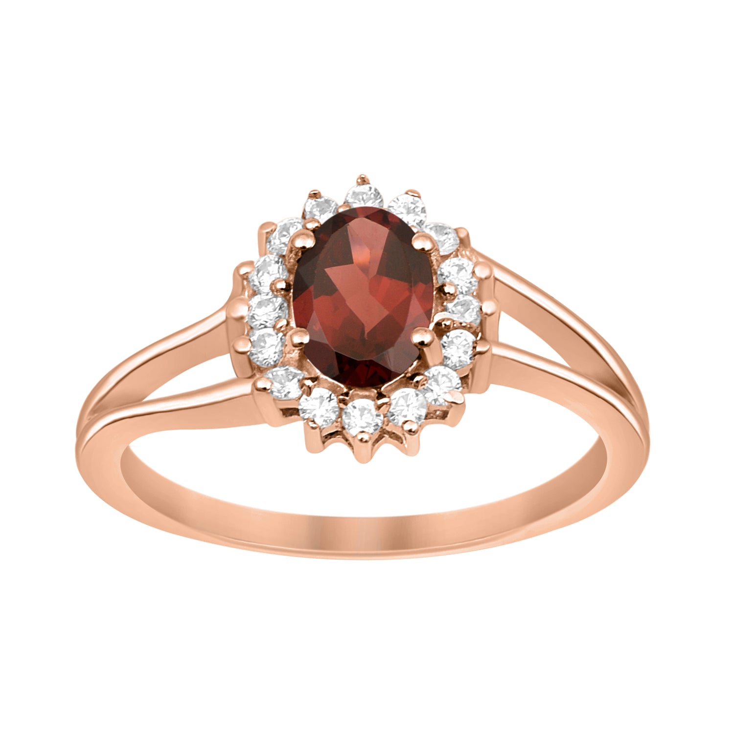 Garnet Solitaire Halo Split Shank Ring -Sterling Silver