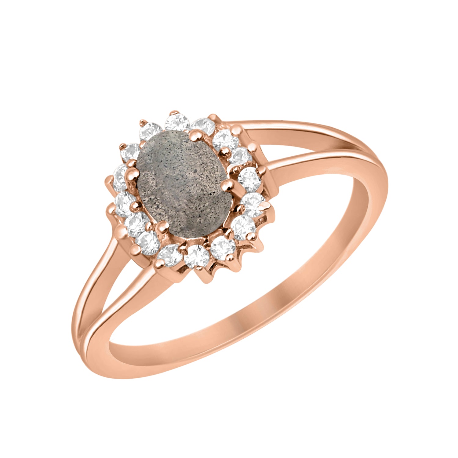 Labradorite Solitaire Halo Split Shank Ring -Sterling Silver