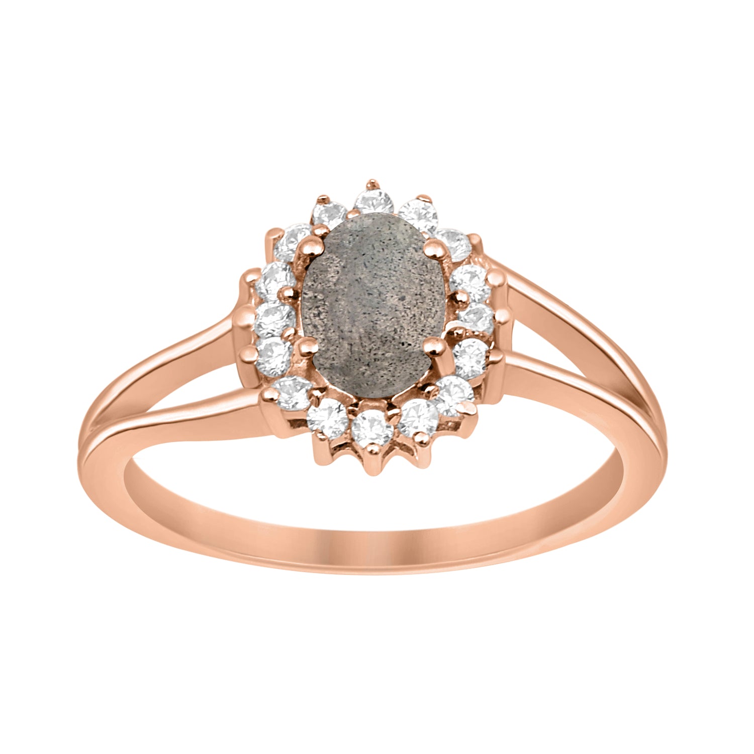 Labradorite Solitaire Halo Split Shank Ring -Sterling Silver