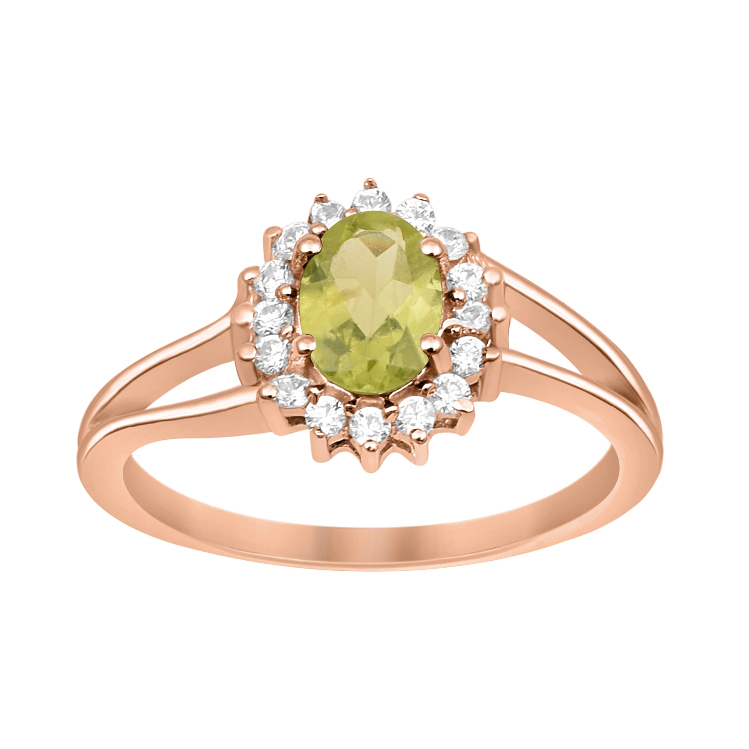 Peridot Solitaire Halo Split Shank Ring -Sterling Silver