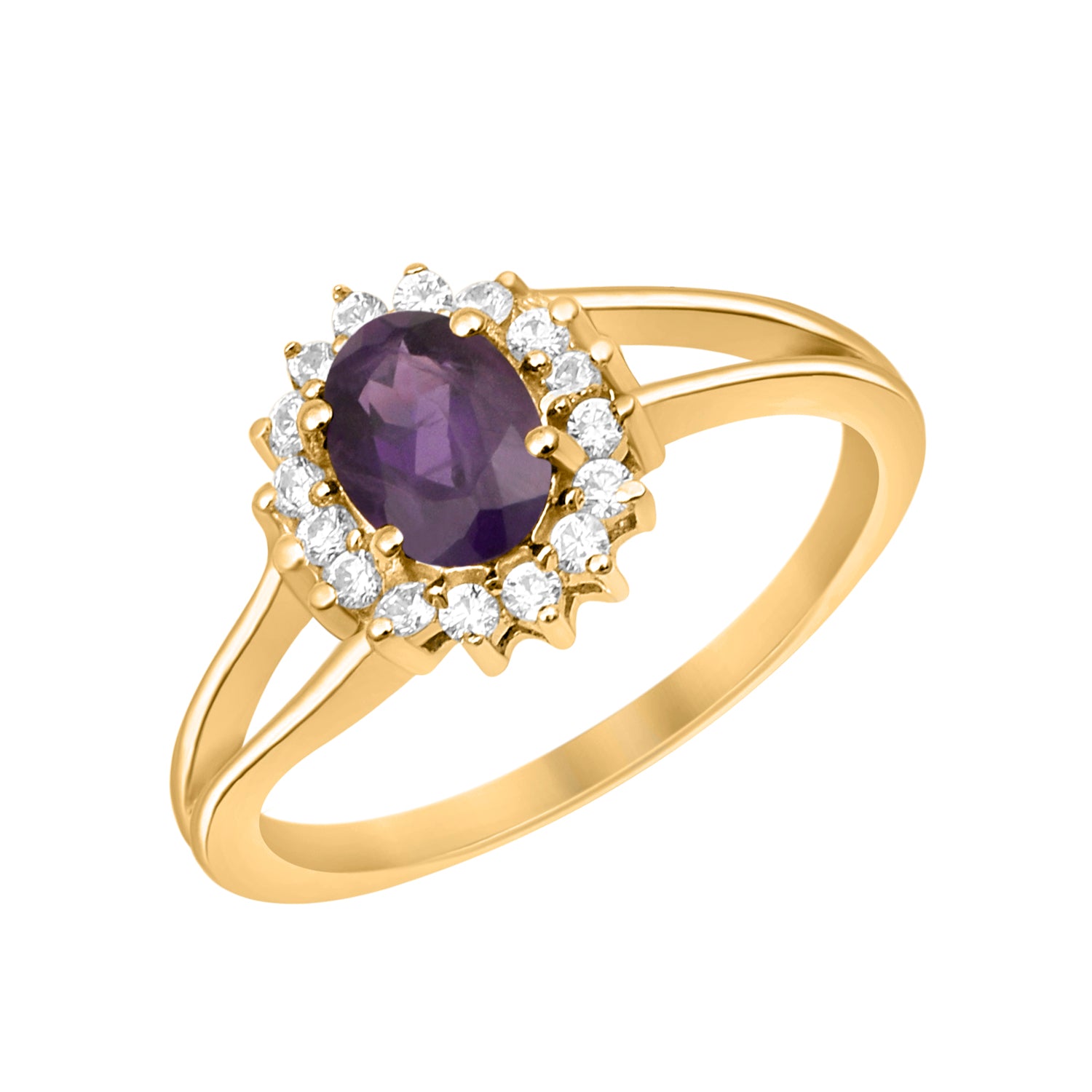 Amethyst Solitaire Halo Split Shank Ring -Sterling Silver