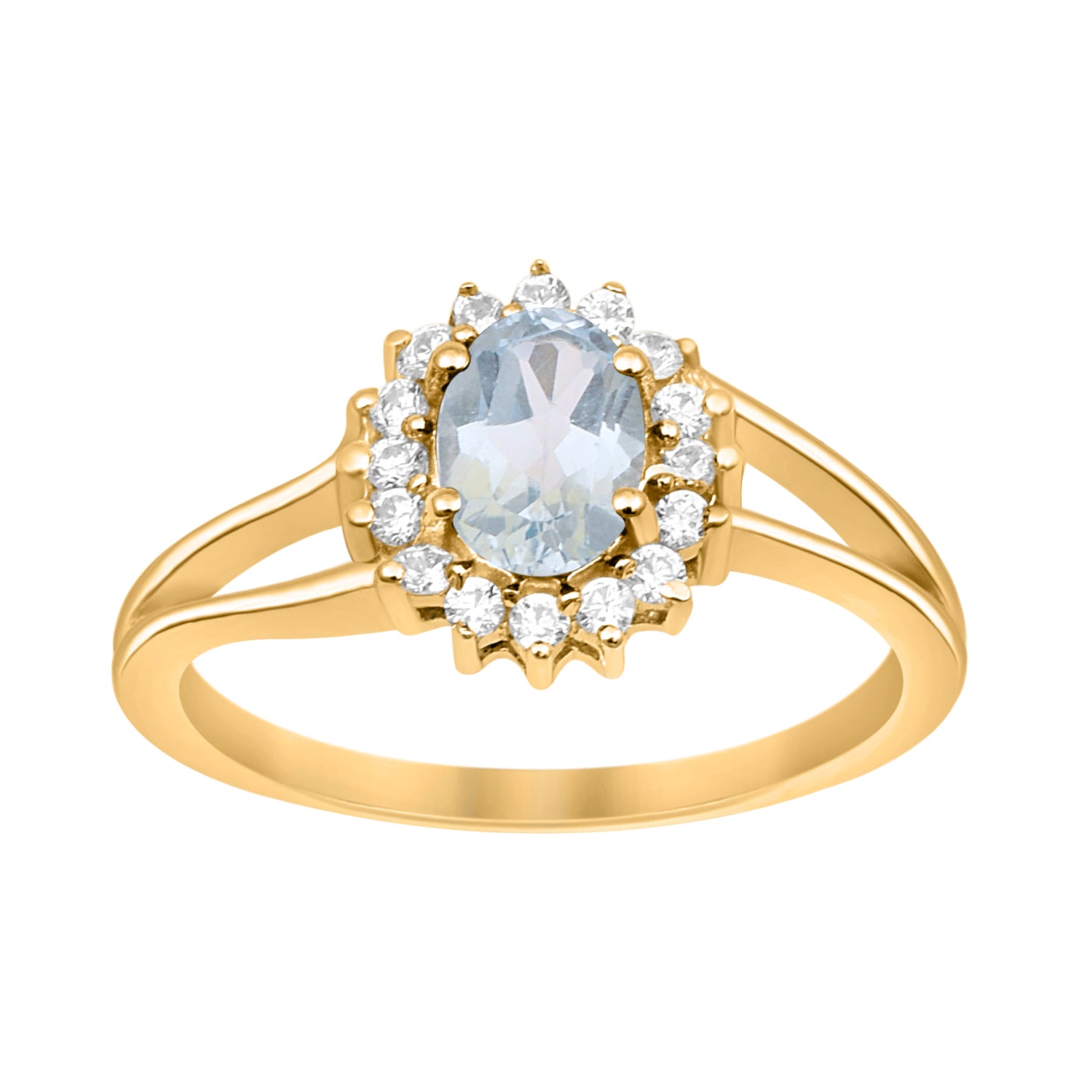 Aquamarine Solitaire Halo Split Shank Ring -Sterling Silver