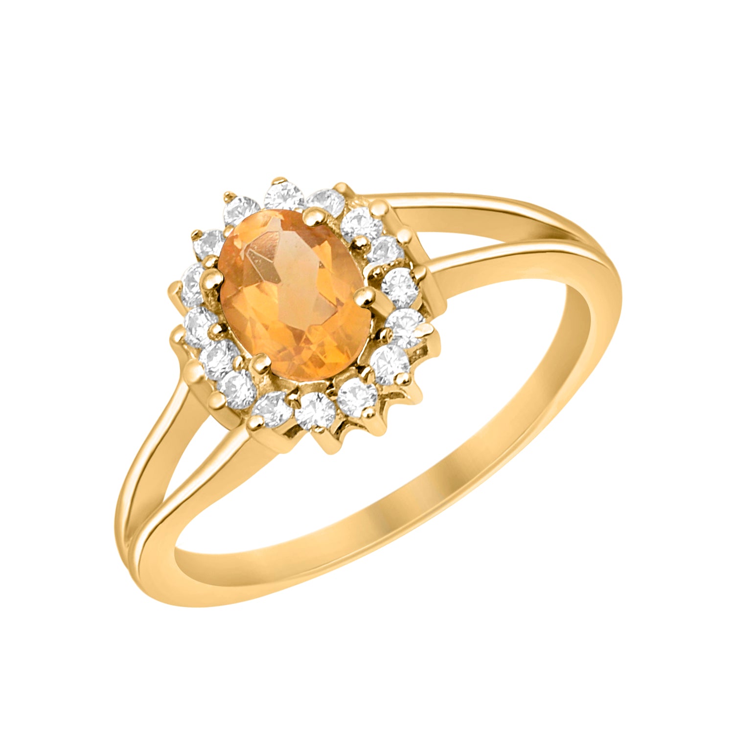Citrine Solitaire Halo Split Shank Ring -Sterling Silver