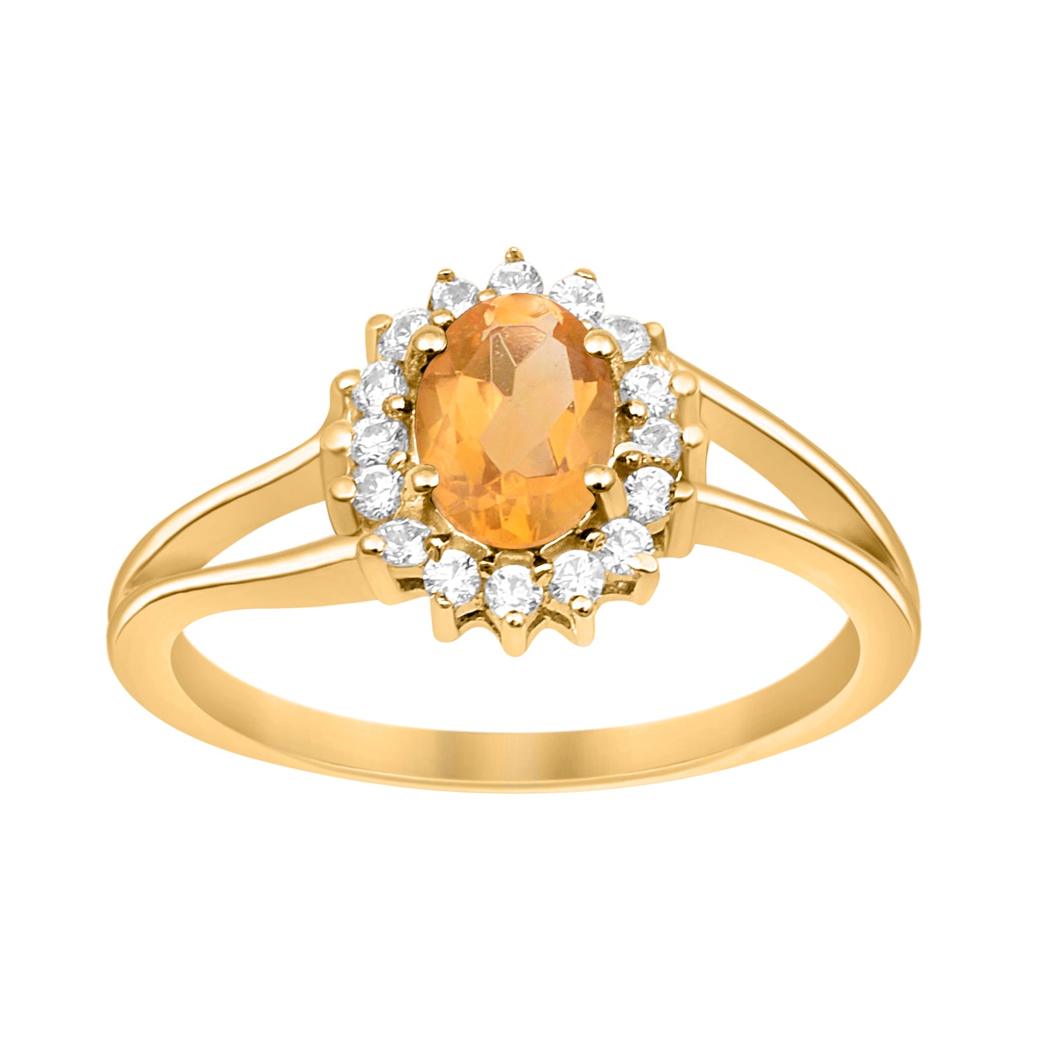 Citrine Solitaire Halo Split Shank Ring -Sterling Silver
