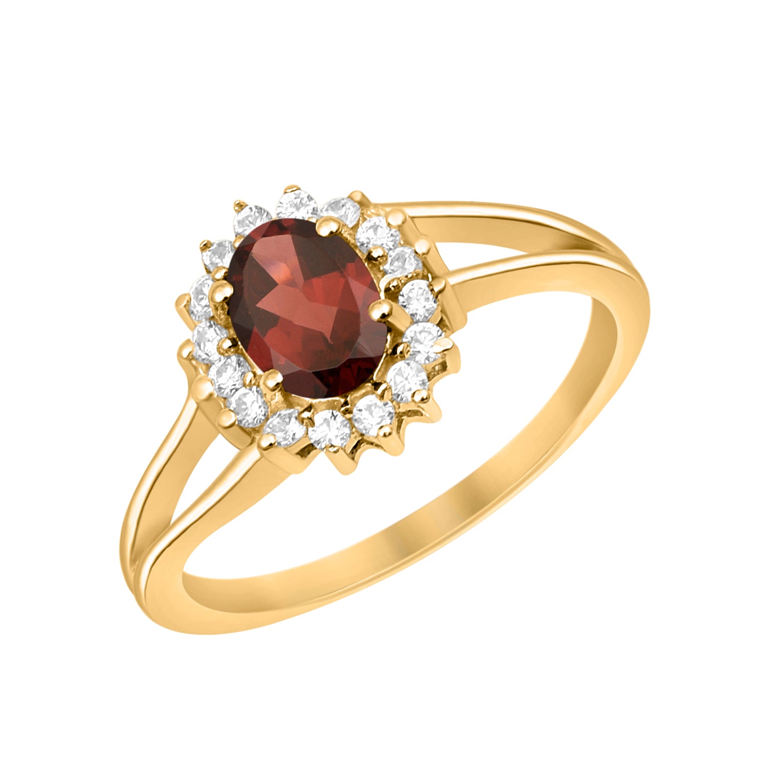 Garnet Solitaire Halo Split Shank Ring -Sterling Silver