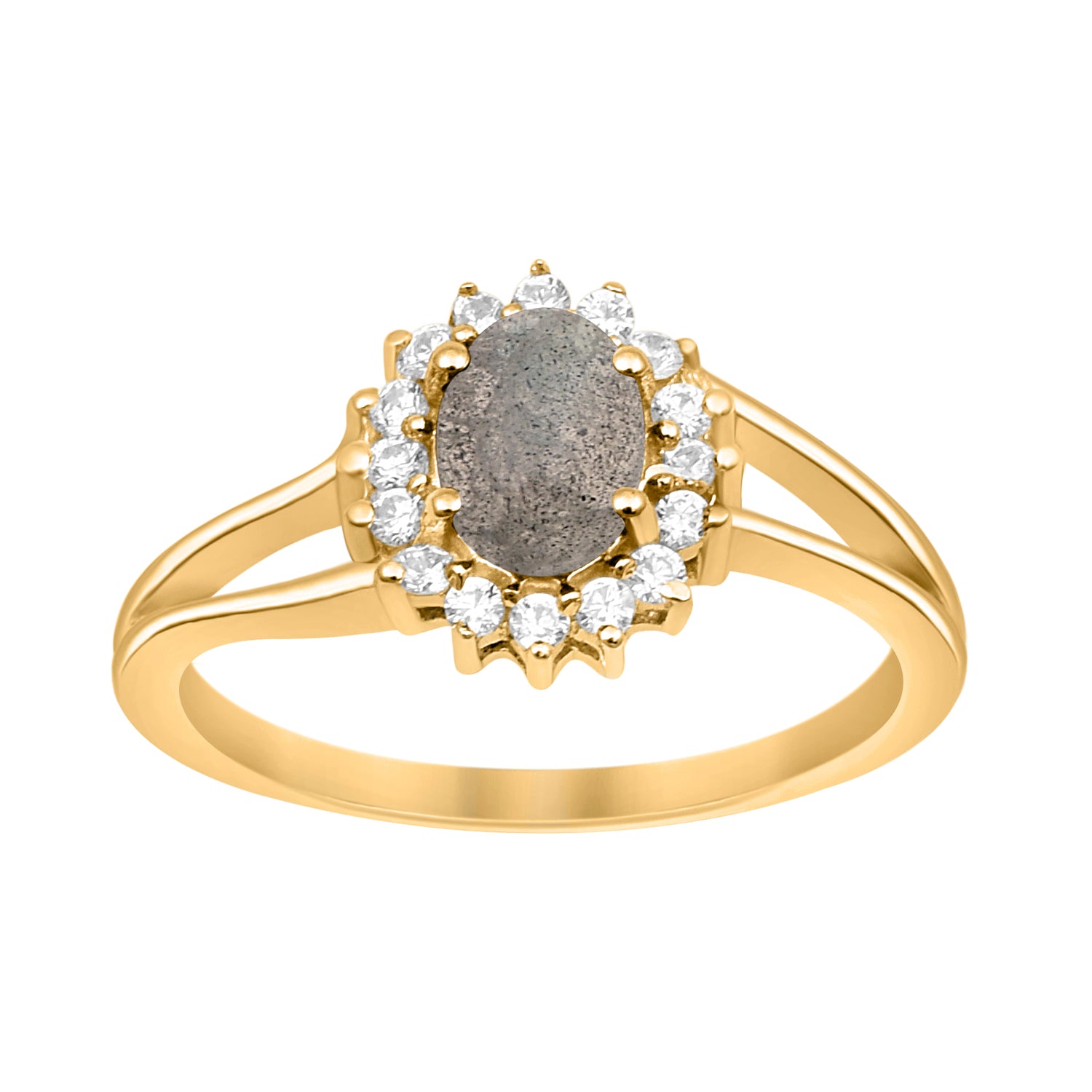 Labradorite Solitaire Halo Split Shank Ring -Sterling Silver