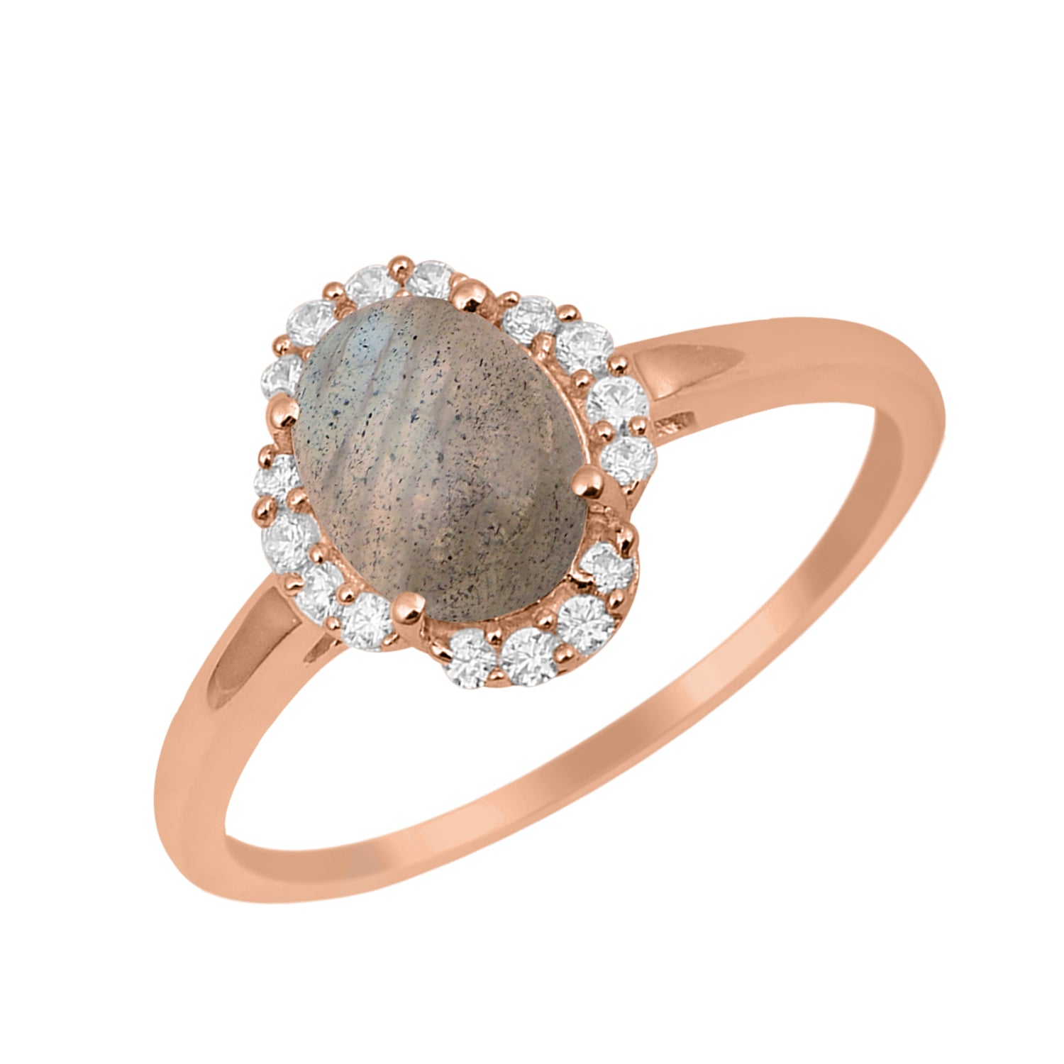 Labradorite Oval 8x6 MM Solitaire Halo Ring - Sterling Silver