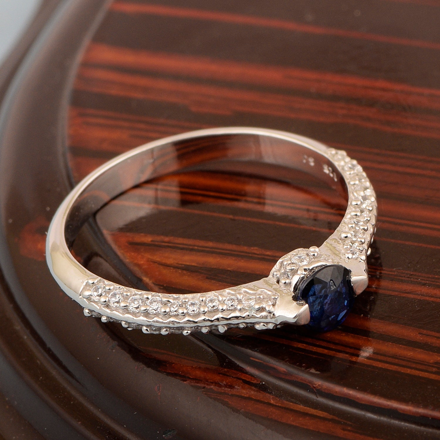 925 Sterling Silver Round 4MM Blue Sapphire White Accents Promise Ring - Kimaya INC