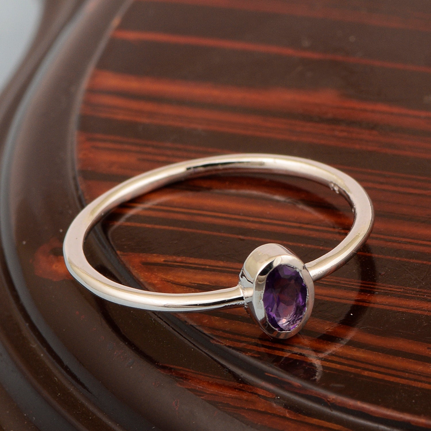 Oval Cut 5X3MM Bezel Set Amethyst 925 Sterling Silver Women Stacking Ring - Kimaya INC