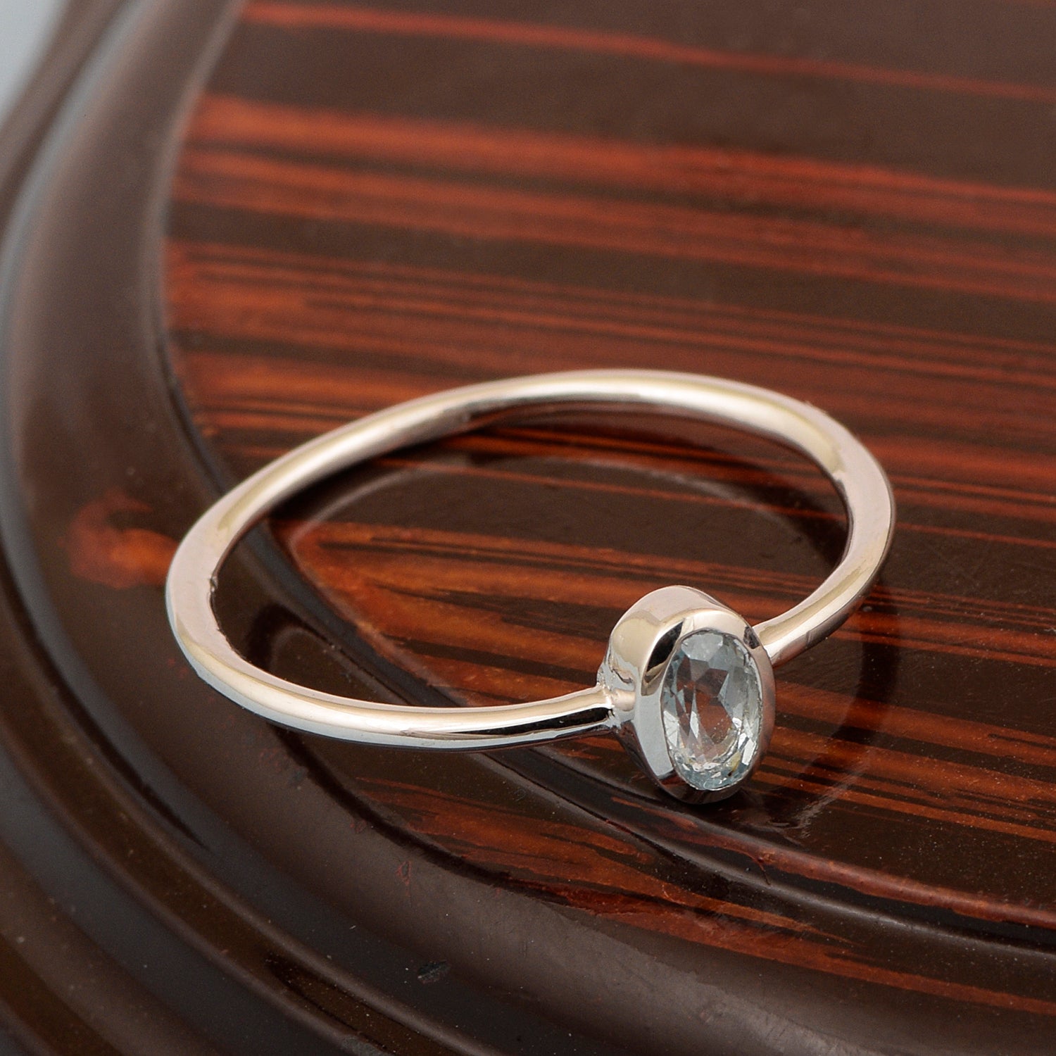 Oval Cut 5X3MM Bezel Set Aquamarine 925 Sterling Silver Women Stacking Ring - Kimaya INC