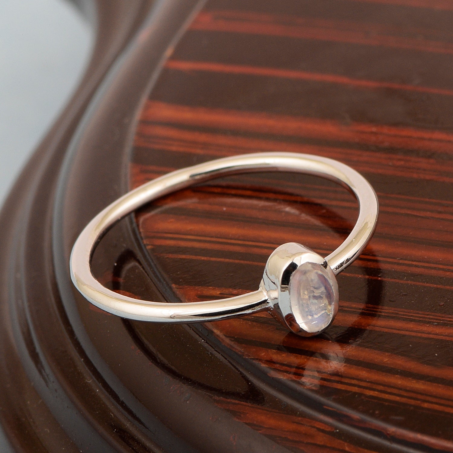 Oval Cut 5X3MM Bezel Set Moonstone 925 Sterling Silver Women Stacking Ring - Kimaya INC