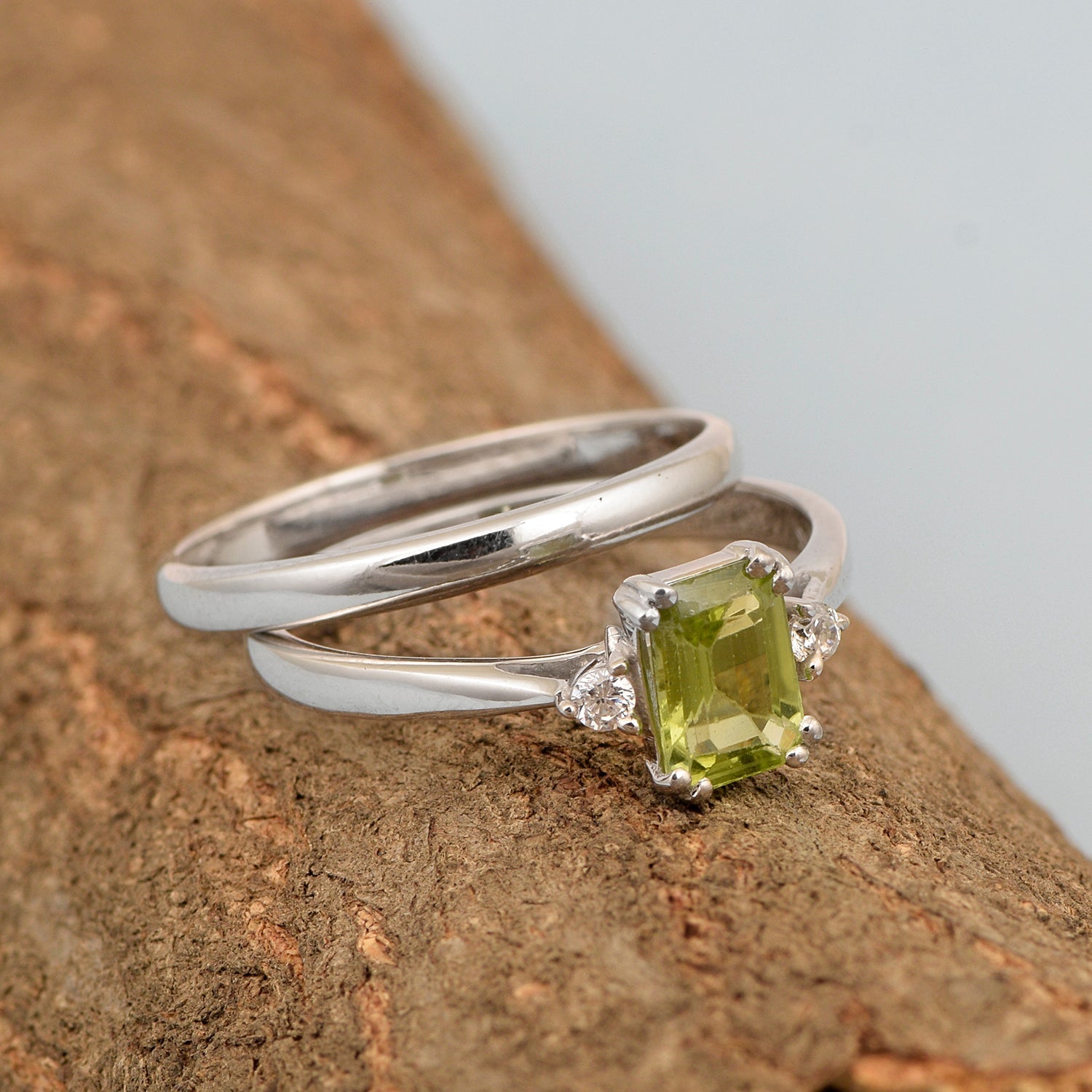 Sterling Silver Radiant Cut 1.20 Ctw Peridot Dual Band Women Stacking Ring - Kimaya INC