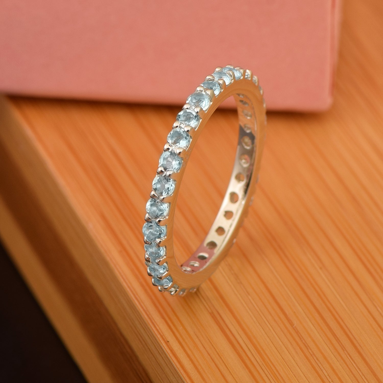 Eternity Band 925 Sterling Silver Round 2 MM Aquamarine Ring - Kimaya INC