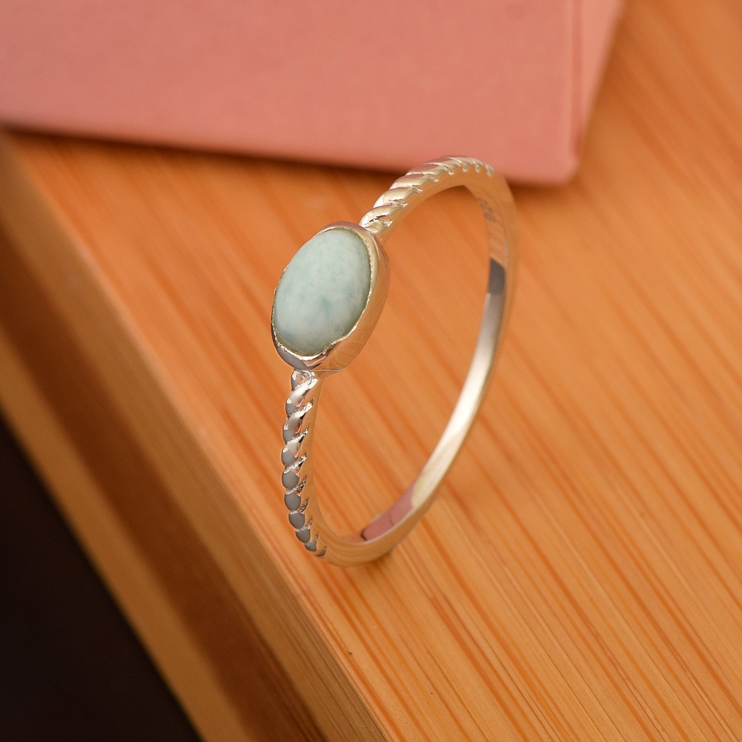 925 Sterling Silver Oval 0.35 Ctw Larimar Stackable Ring - Kimaya INC