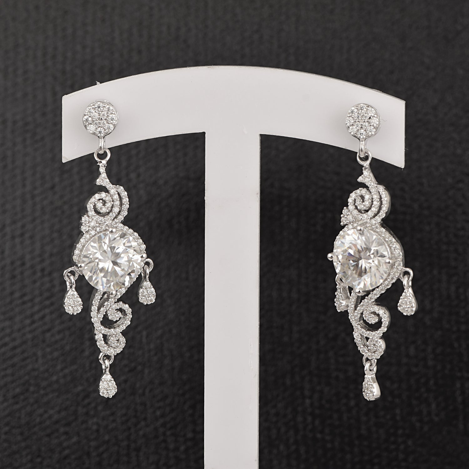 Moissanite Scroll Design Dangle Earrings – Sterling Silver