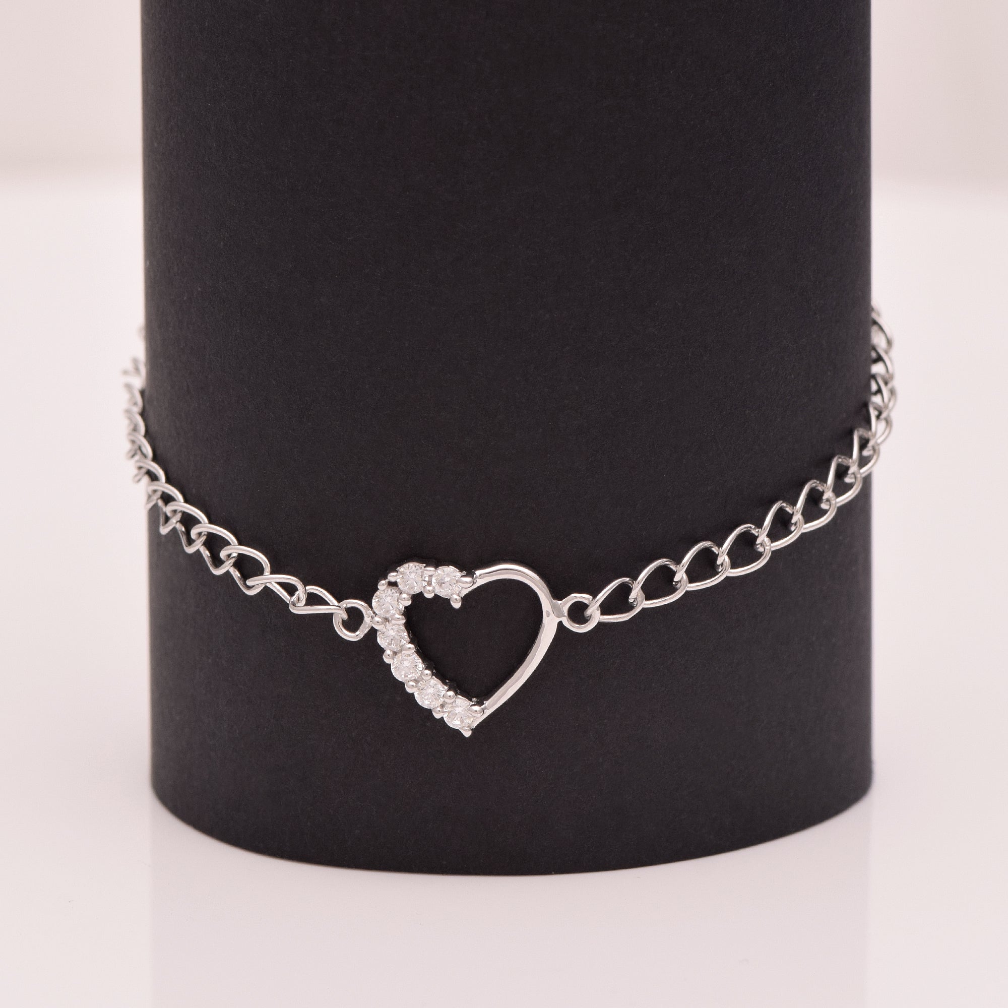 White Stone Round Open Heart Bracelet – Sterling Silver