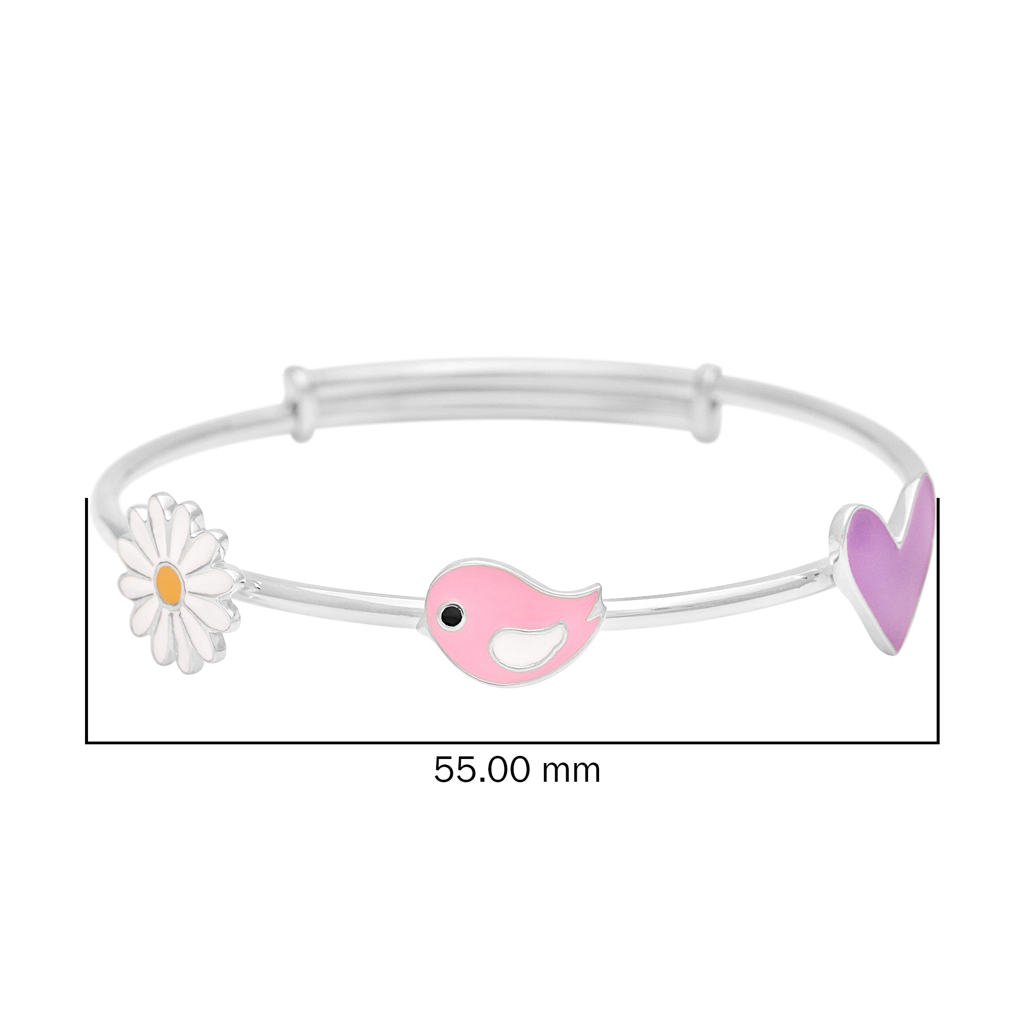 Daisy, Bird & Heart Design Charm Bangle – Sterling Silver