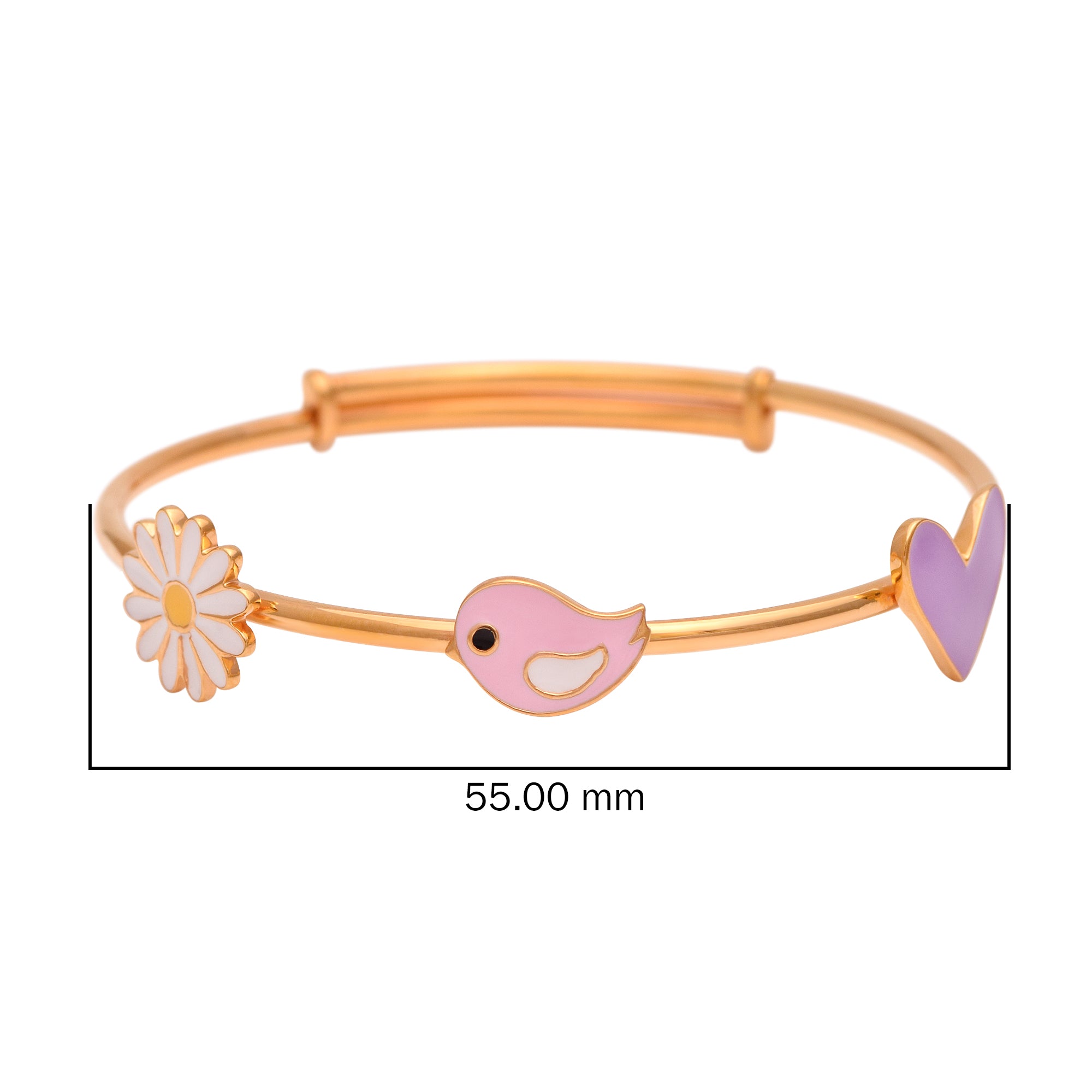 Daisy, Bird & Heart Charm Bangle – Sterling Silver Gold Plated