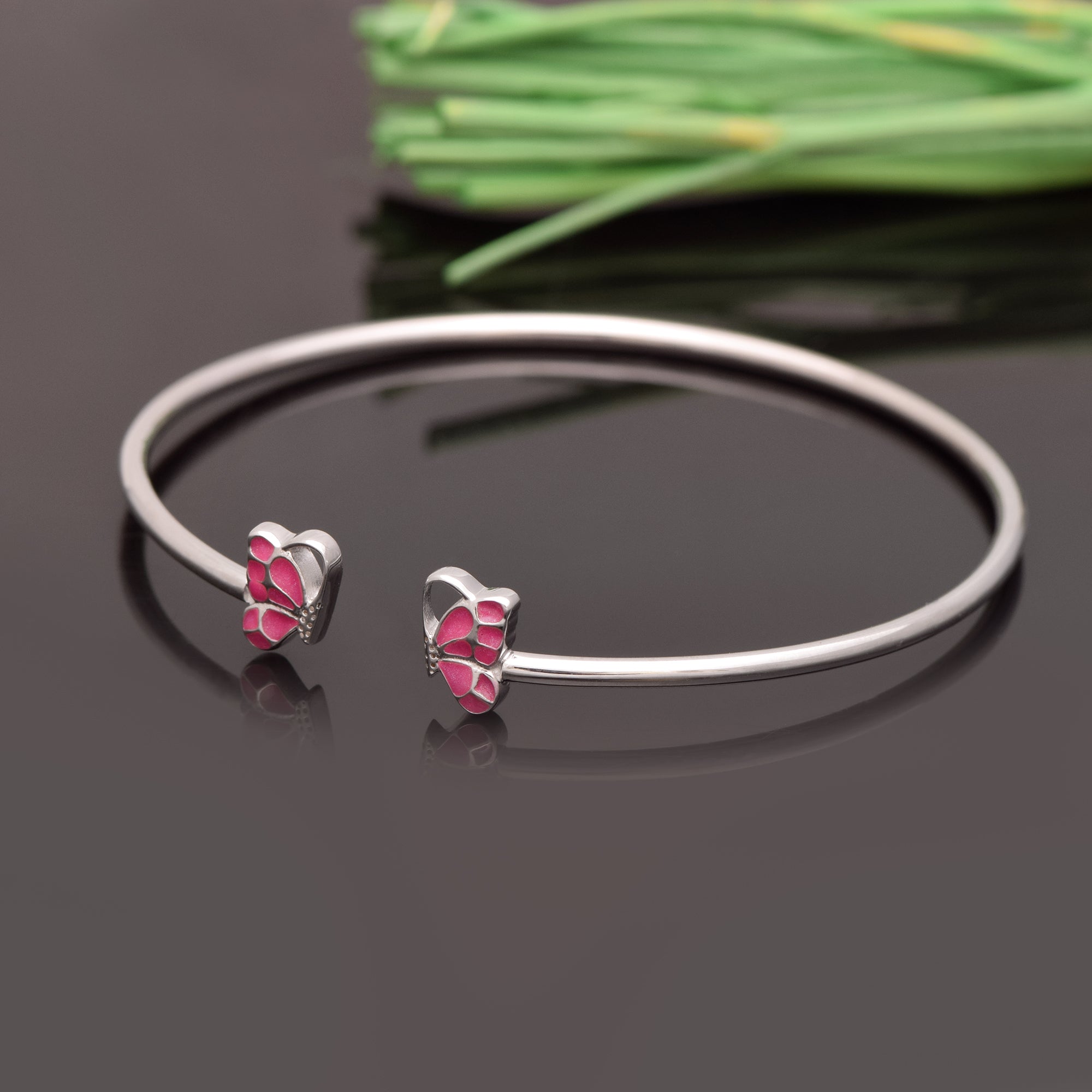 Pink Butterfly Open Bangle – Sterling Silver