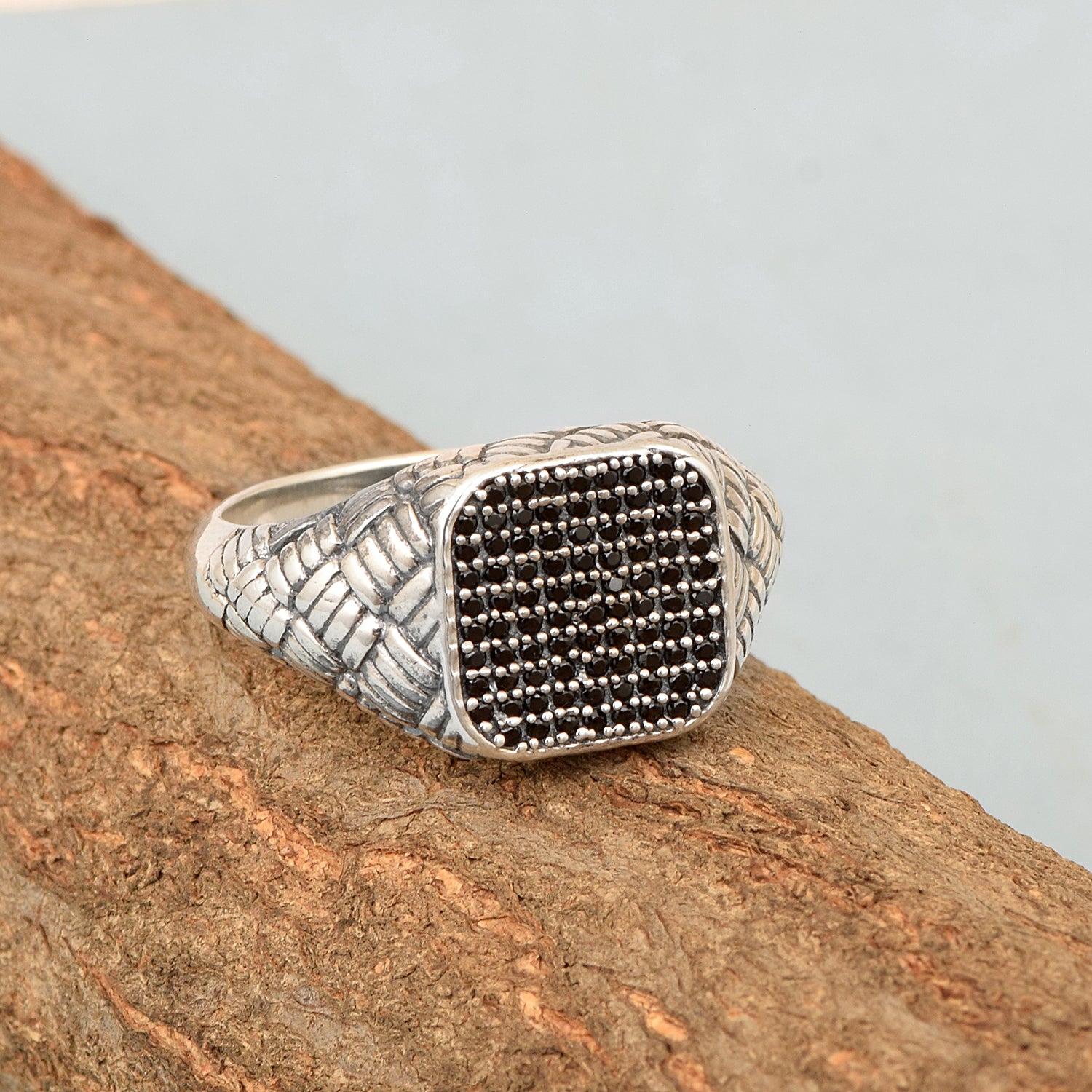 Mens Black Spinel Rings Solid 925 Sterling Silver Round Black Spinel Signet Rings - Kimaya INC