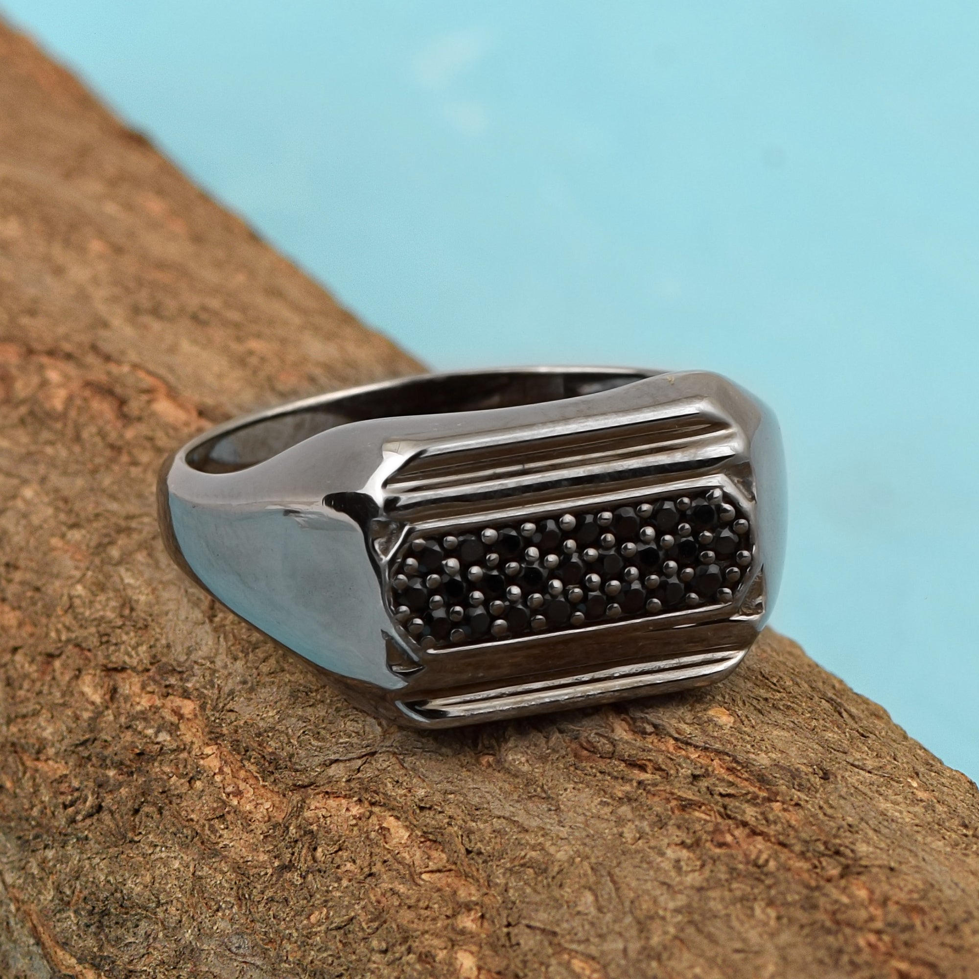 Mens Black Spinel Rings Solid 925 Sterling Silver Round Black Spinel Signet Rings - Kimaya INC