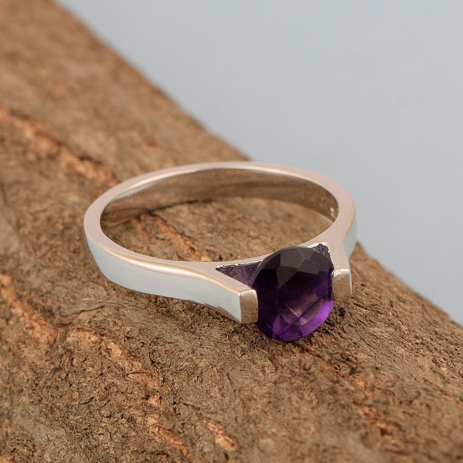 7mm Round Amethyst Open Prong Ring for Women in 925 Sterling Silver - Kimaya INC