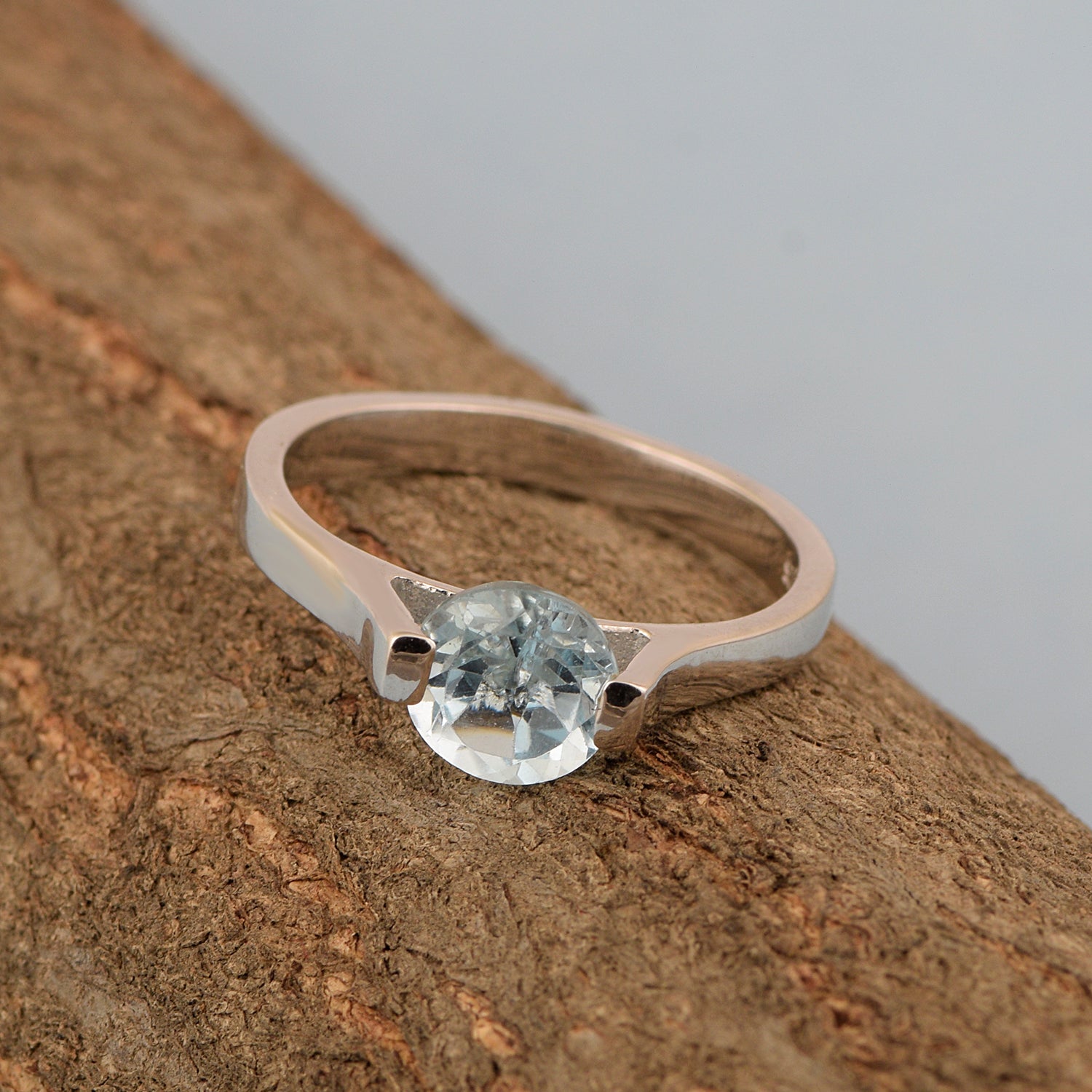 7mm Round Blue Topaz Open Prong Ring for Women in 925 Sterling Silver - Kimaya INC