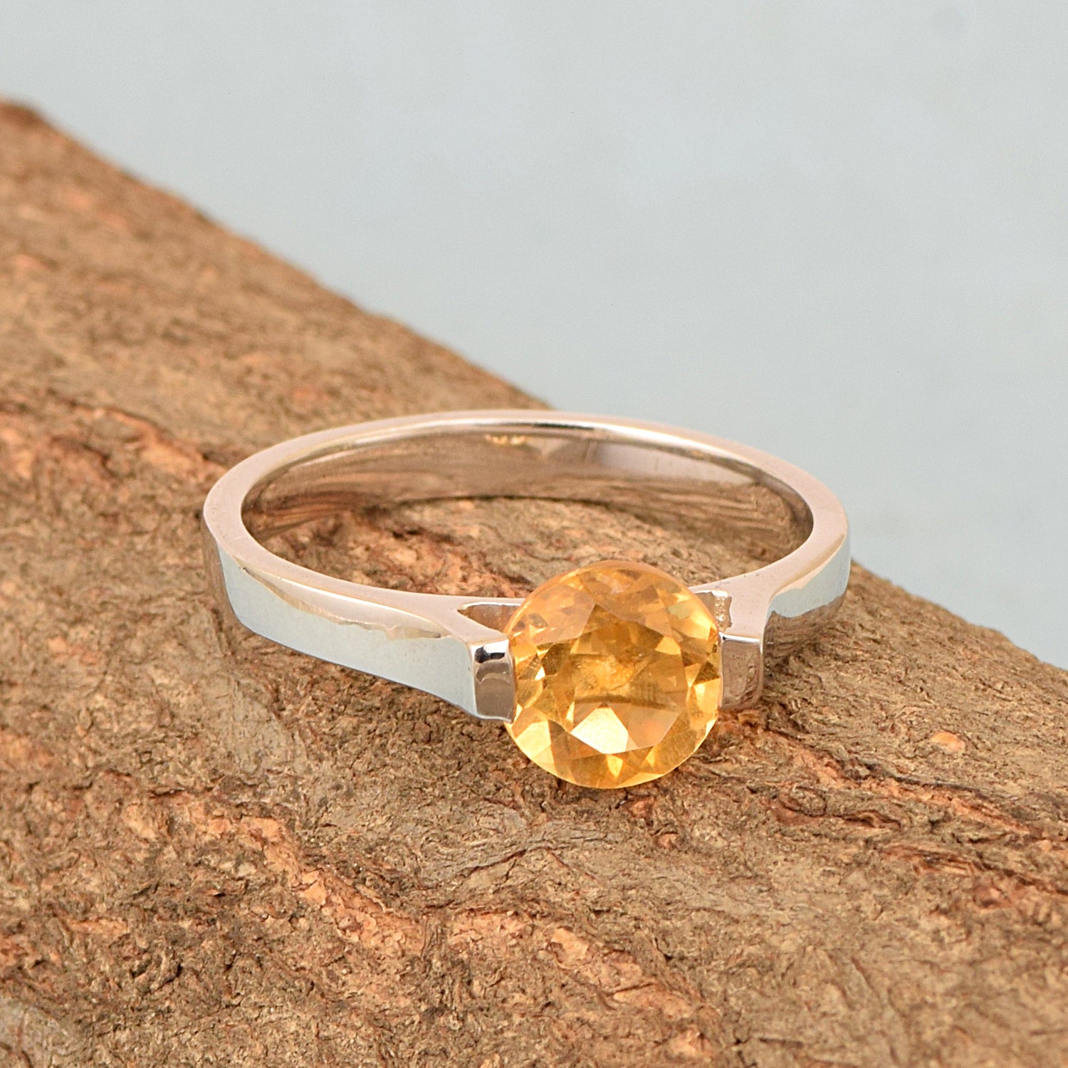 7mm Round Citrine Open Prong Ring for Women in 925 Sterling Silver - Kimaya INC