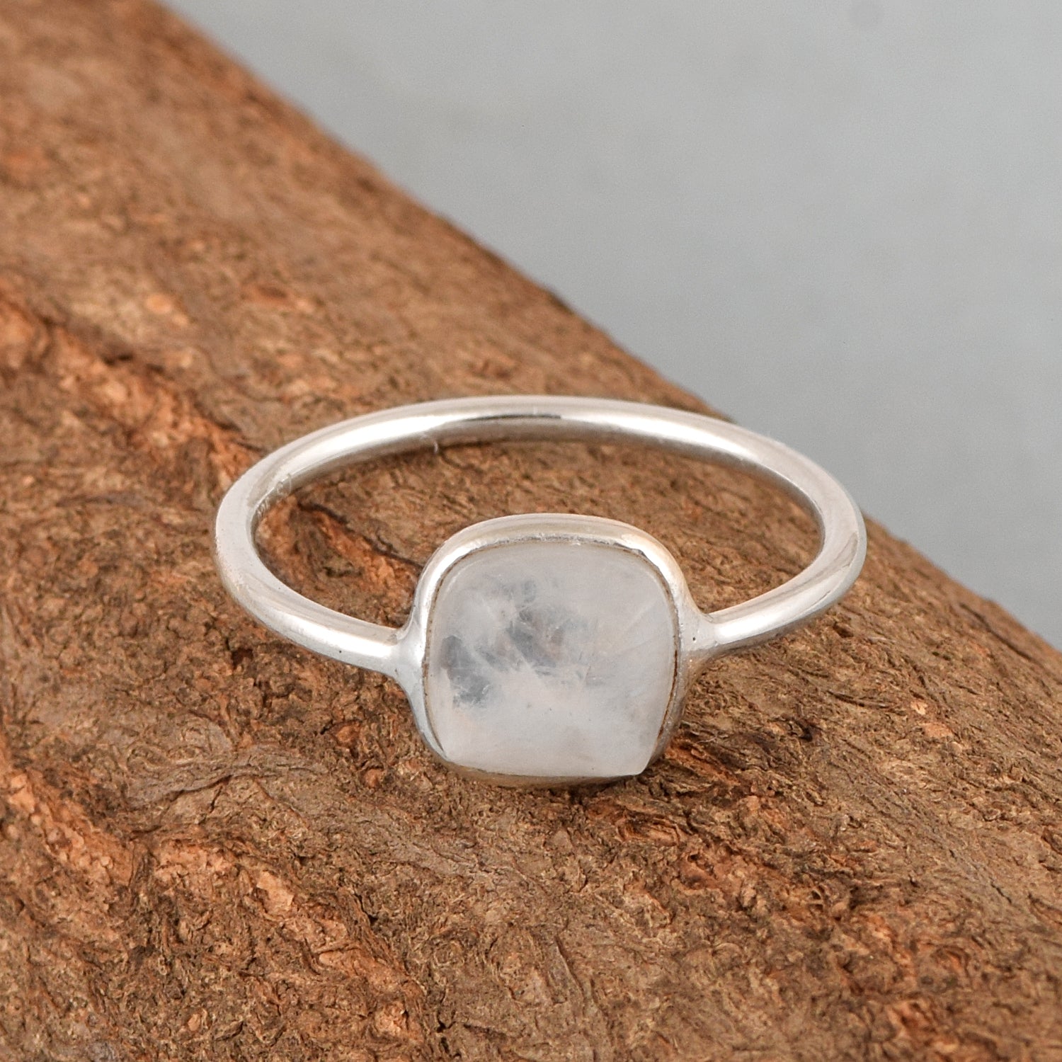 925 Sterling Silver Cushion 10mm Moonstone Gemstone Stackable Band Ring - Kimaya INC