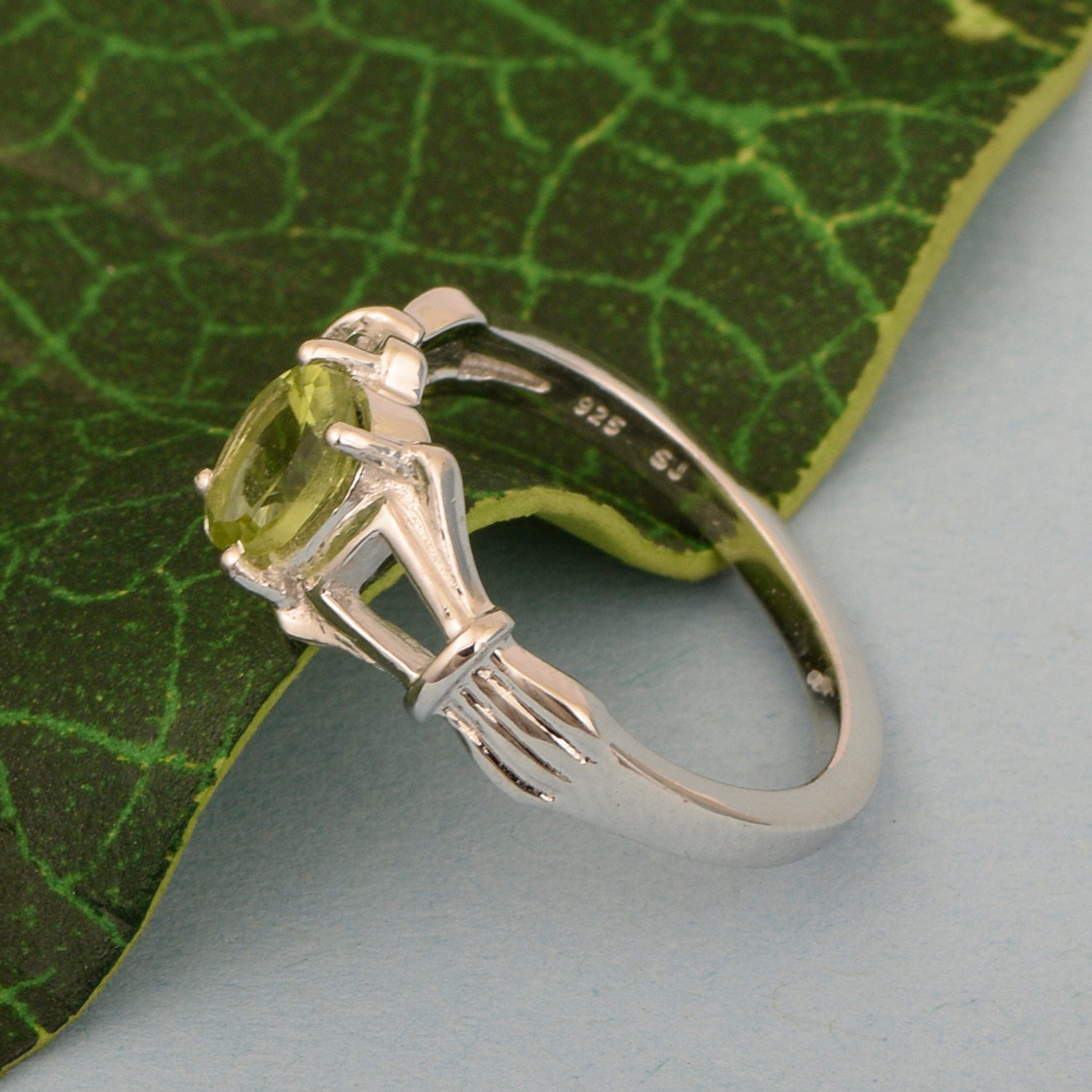 925 Sterling Silver Oval 7x5mm Peridot Gemstone Stacking Ring - Kimaya INC