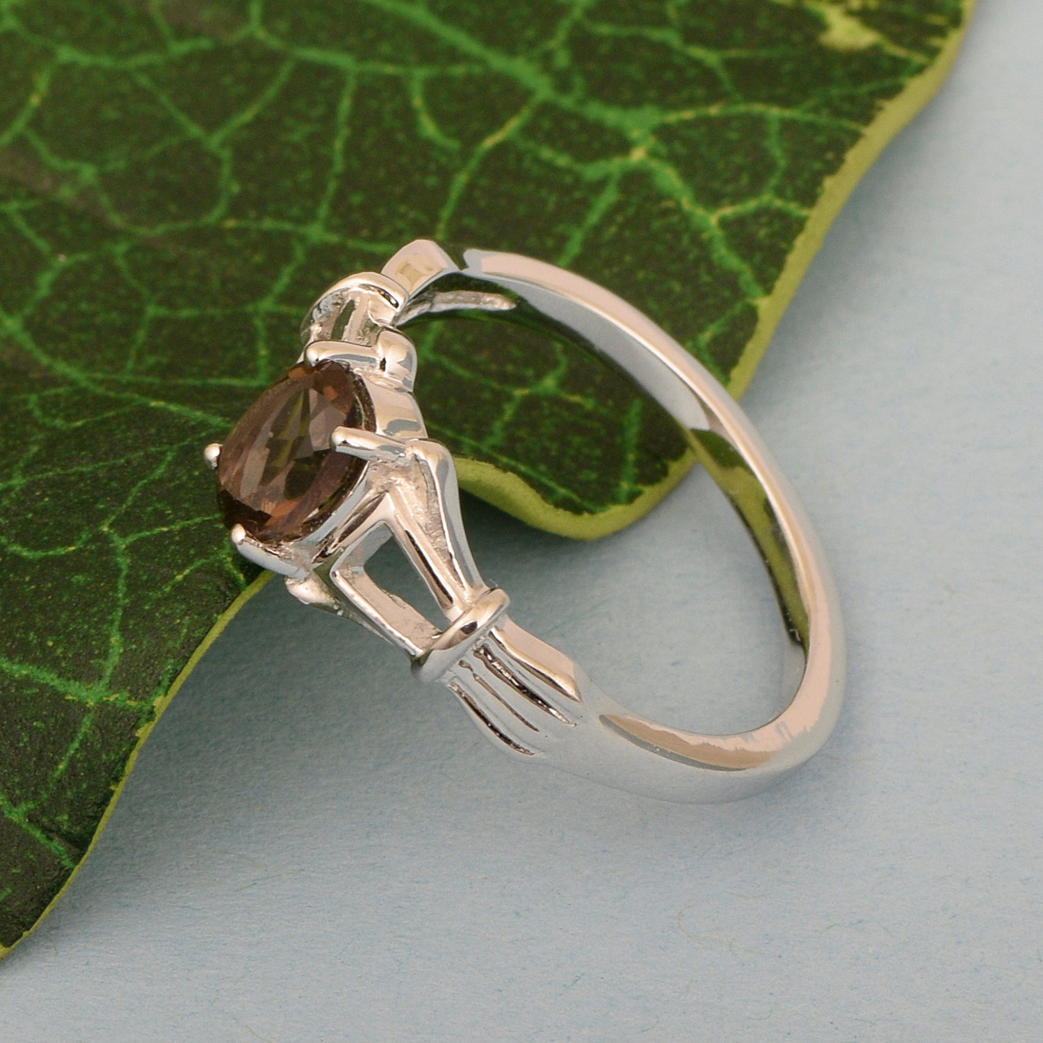 925 Sterling Silver Oval 7x5mm Smoky Quartz Gemstone Stacking Ring - Kimaya INC