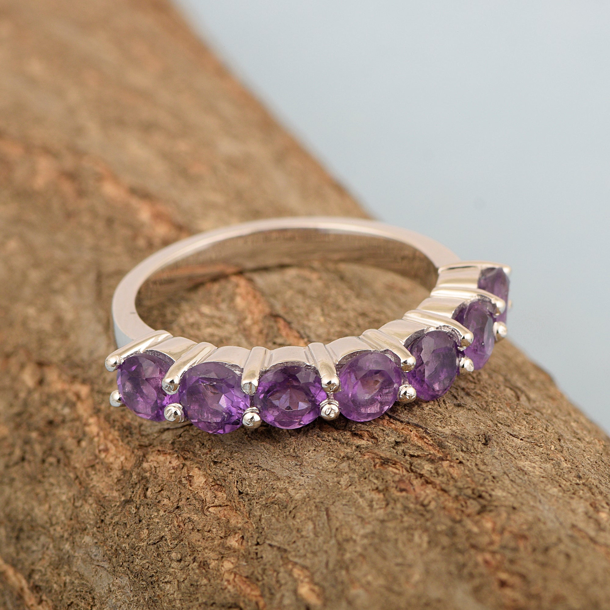 925 Sterling Silver 7-Stone Round Purple Amethyst Gemstone Women Wedding Ring - Kimaya INC