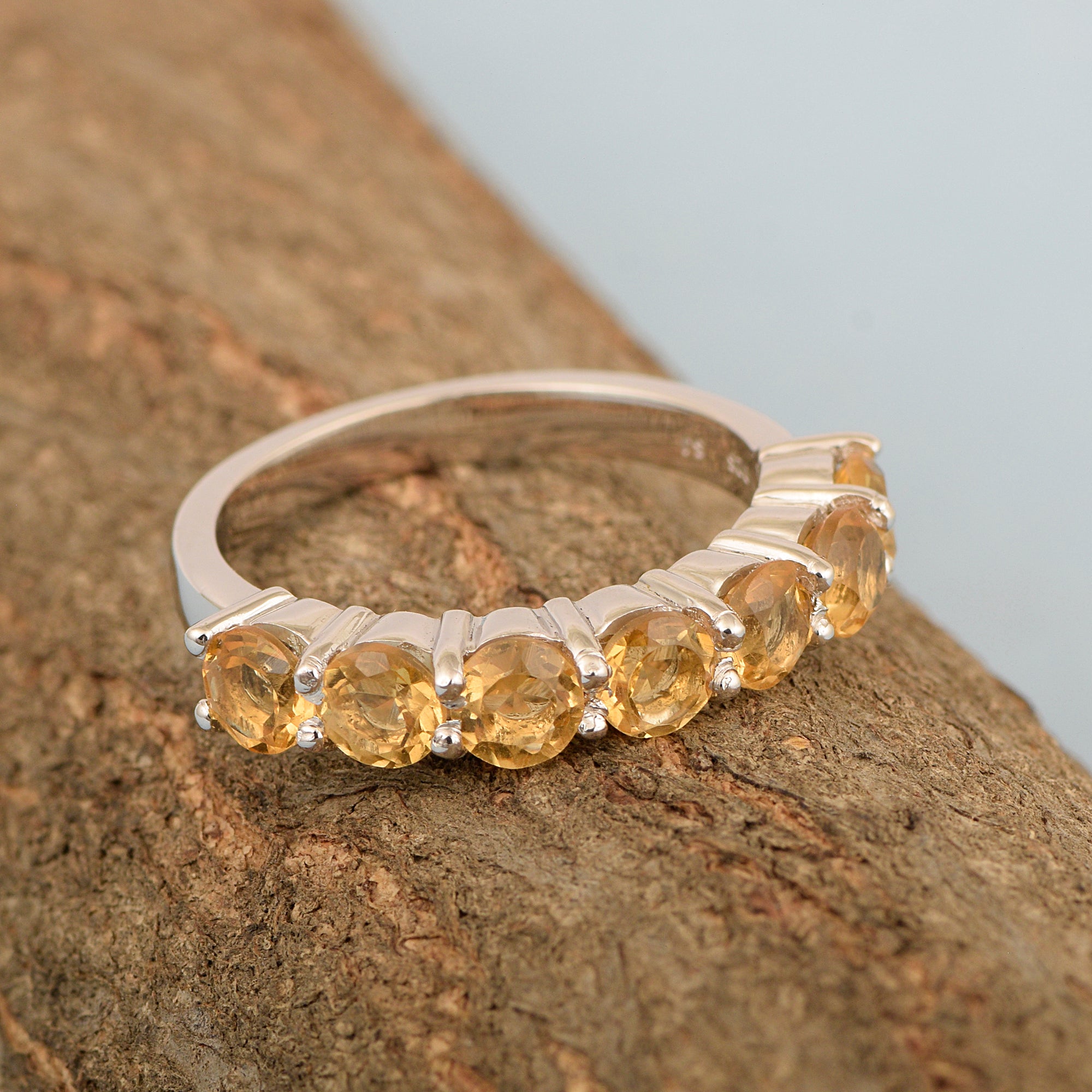 925 Sterling Silver 7-Stone Round Citrine Gemstone Women Wedding Ring - Kimaya INC