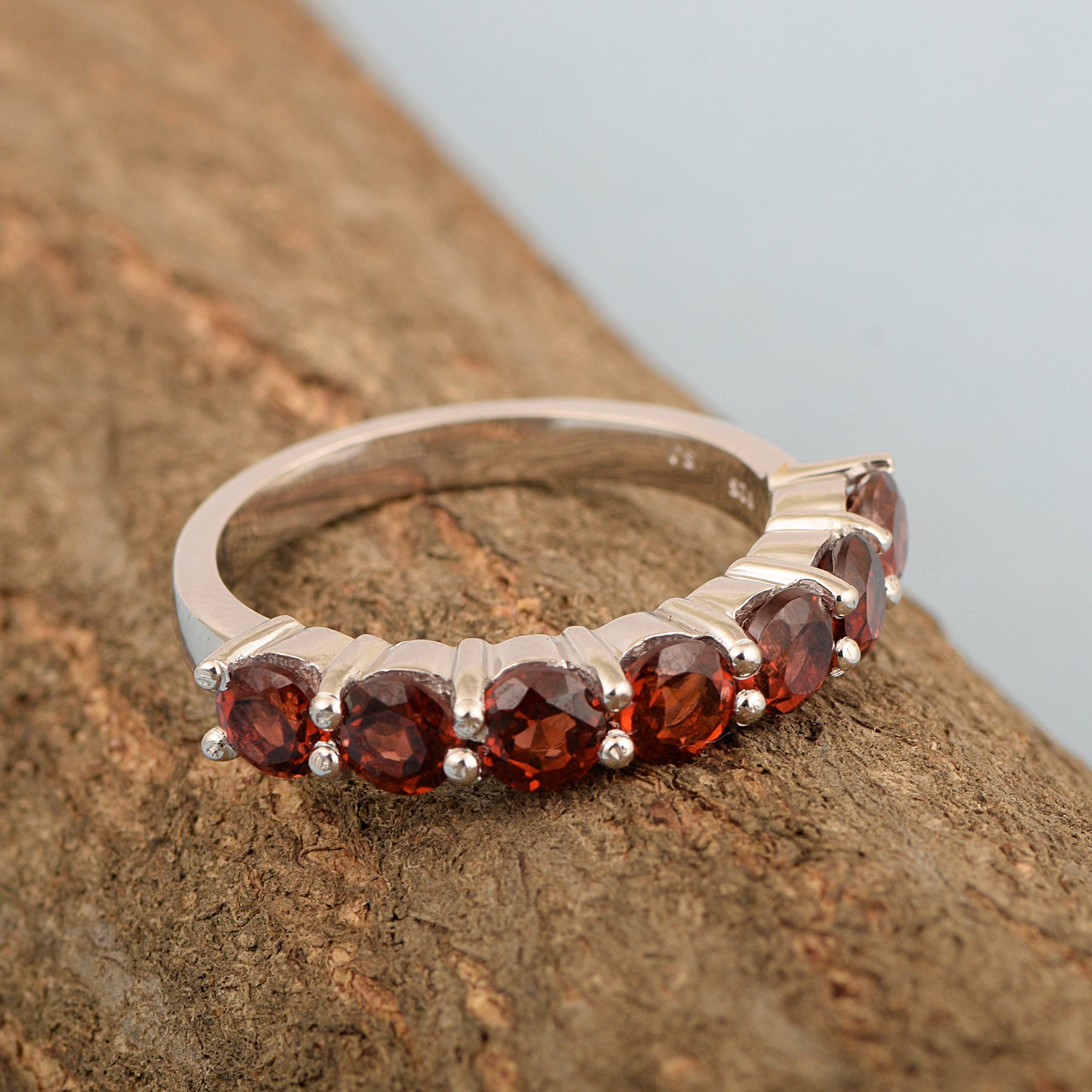 925 Sterling Silver 7-Stone Round Garnet Gemstone Women Wedding Ring - Kimaya INC