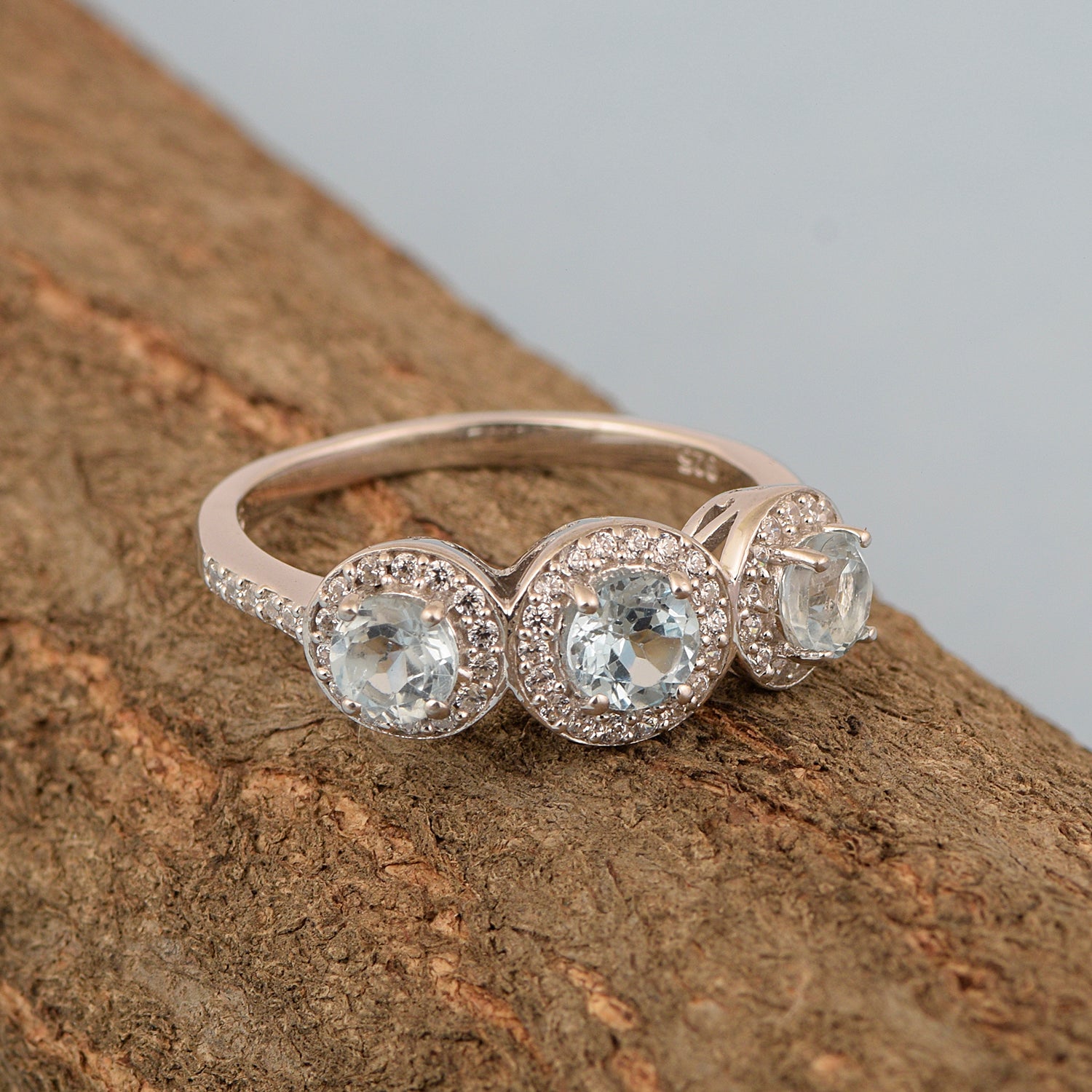925 Sterling Silver Round 1.05 Ct Aquamarine 3-Stone Engagement Ring - Kimaya INC