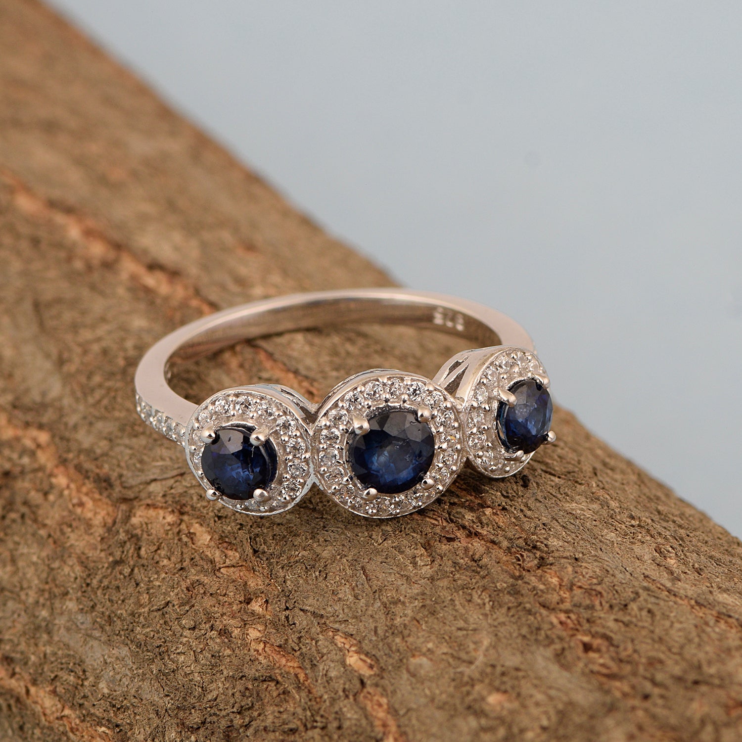 925 Sterling Silver Round 1.05 Ct Blue Sapphire 3-Stone Engagement Ring - Kimaya INC