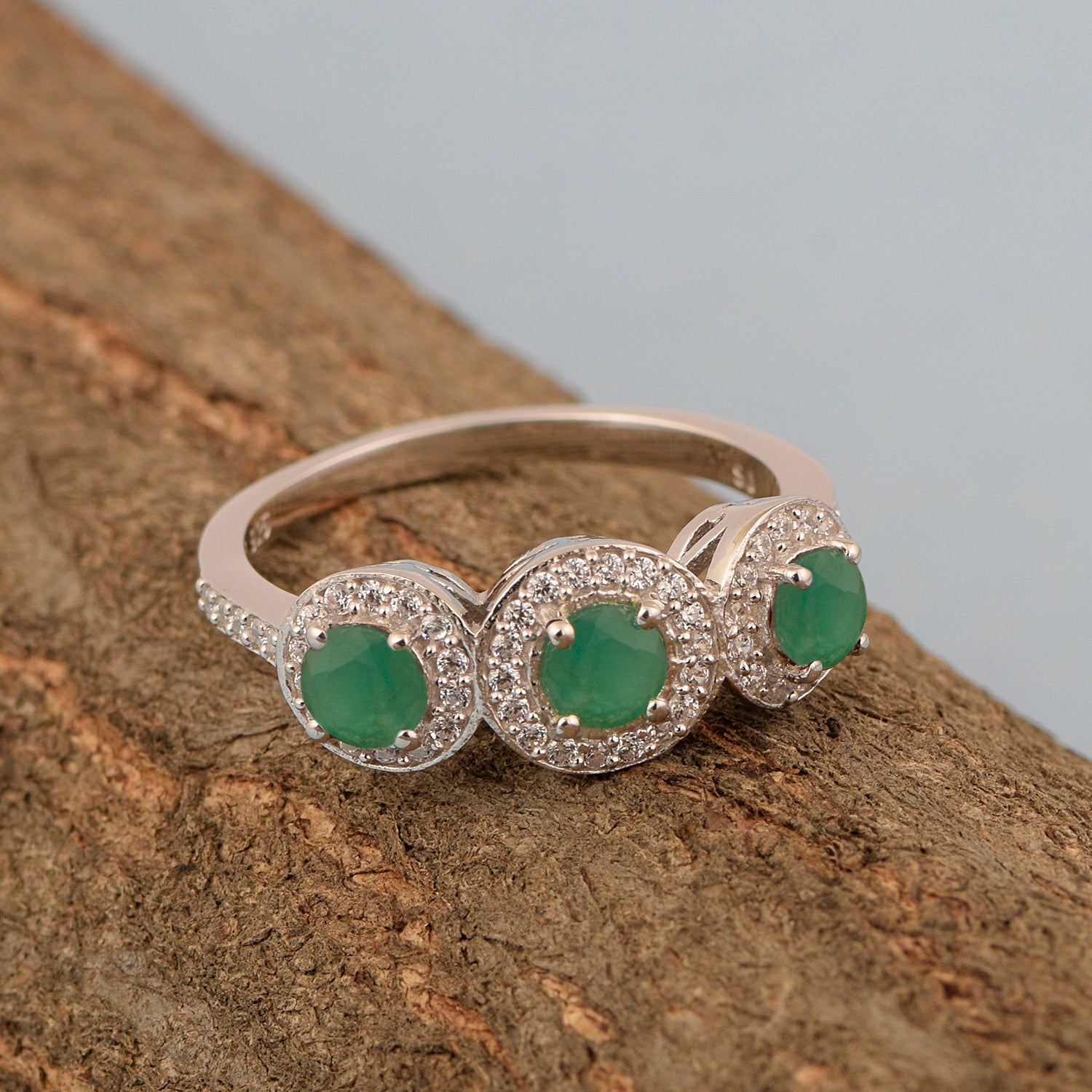 925 Sterling Silver Round 1.05 Ct Emerald 3-Stone Engagement Ring - Kimaya INC