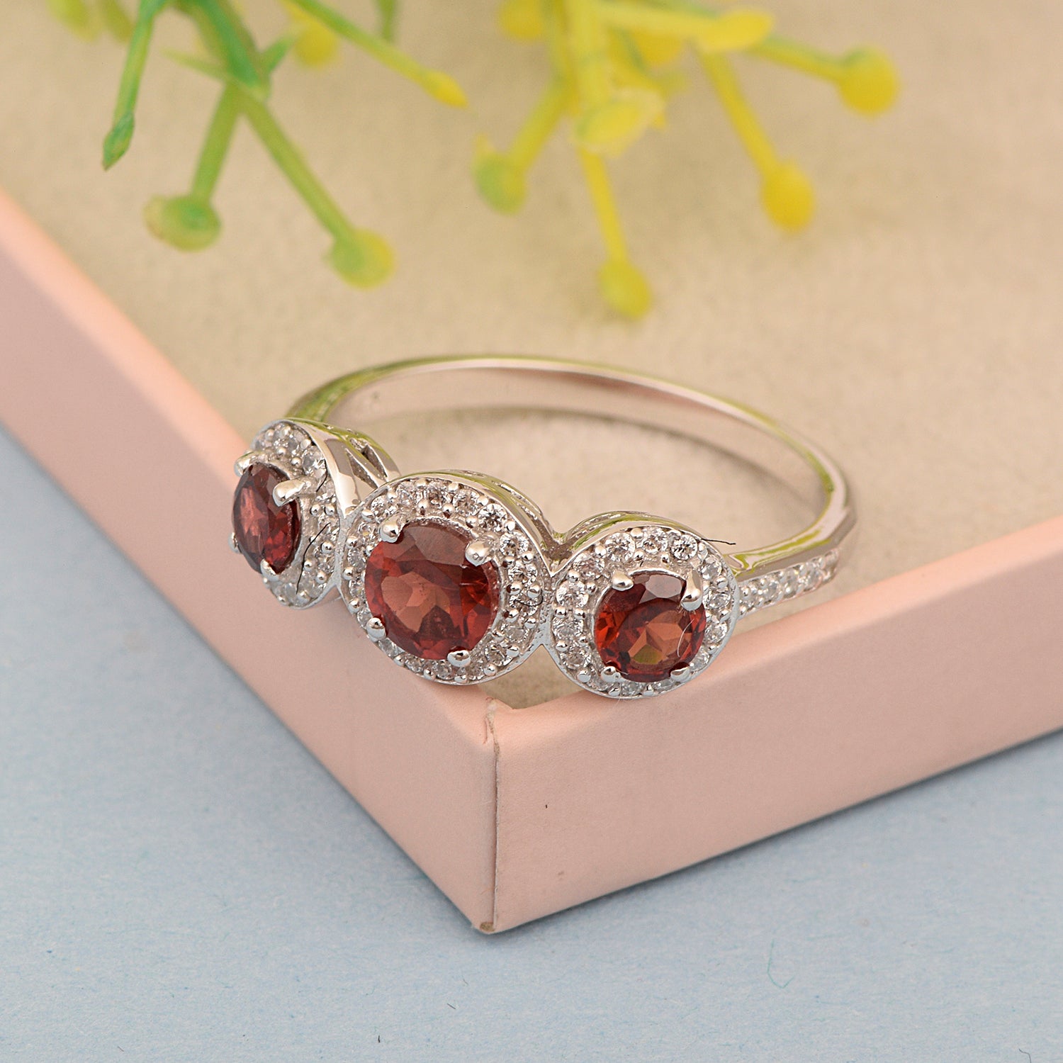 925 Sterling Silver Round 1.05 Ct Garnet 3-Stone Engagement Ring - Kimaya INC