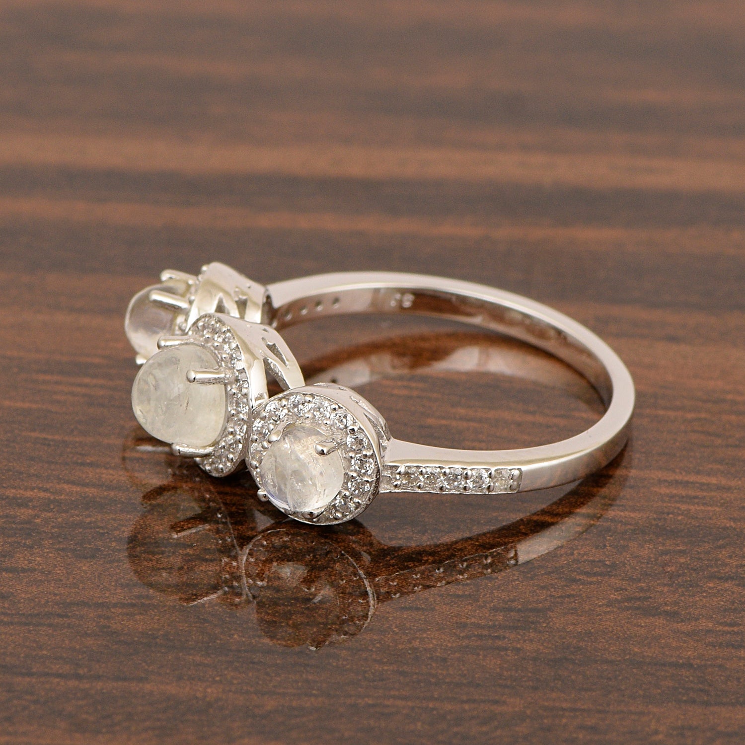925 Sterling Silver Round 1.05 Ct Moonstone 3-Stone Engagement Ring - Kimaya INC