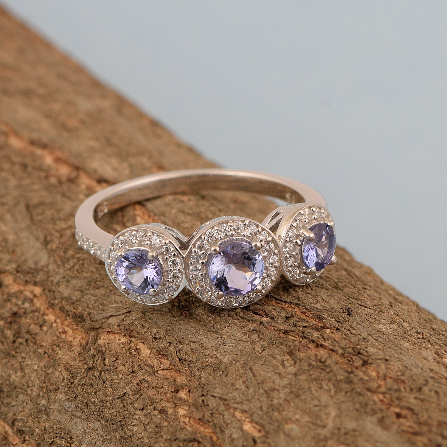 925 Sterling Silver Round 1.05 Ct Tanzanite 3-Stone Engagement Ring - Kimaya INC